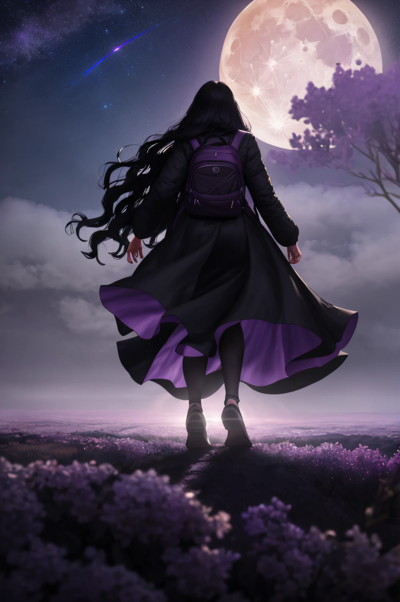 Woman walking on her back down a road at night towards a city, with fog and shadows, with a backpack, wavy and long black hair, high quality, ultra-detailed, 8k, masterpiece, (volumetric lighting), black magic, fanciful, lilac colors, purple, shadows and vivids on the woman's back, magic in their hands and a moon behind