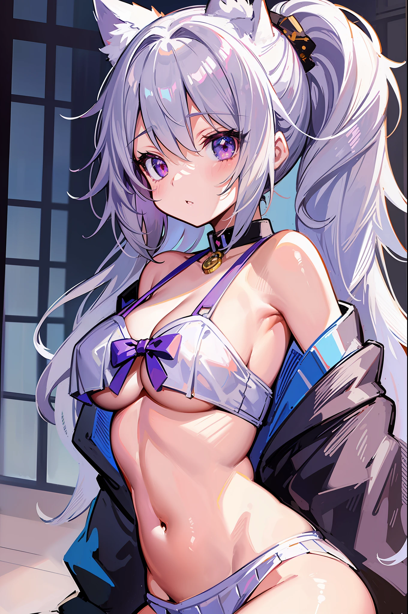 (Masterpiece), (Top Quality Anime Illustrations), (Super Definition), One Girl, Solo, Beautiful Girl with Silver Hair, Anime , Cat Ears Lolieerleader, Off Shoulder, Small Breasts, Cleavage Emphasis, Underboob, Tummy, Thighs