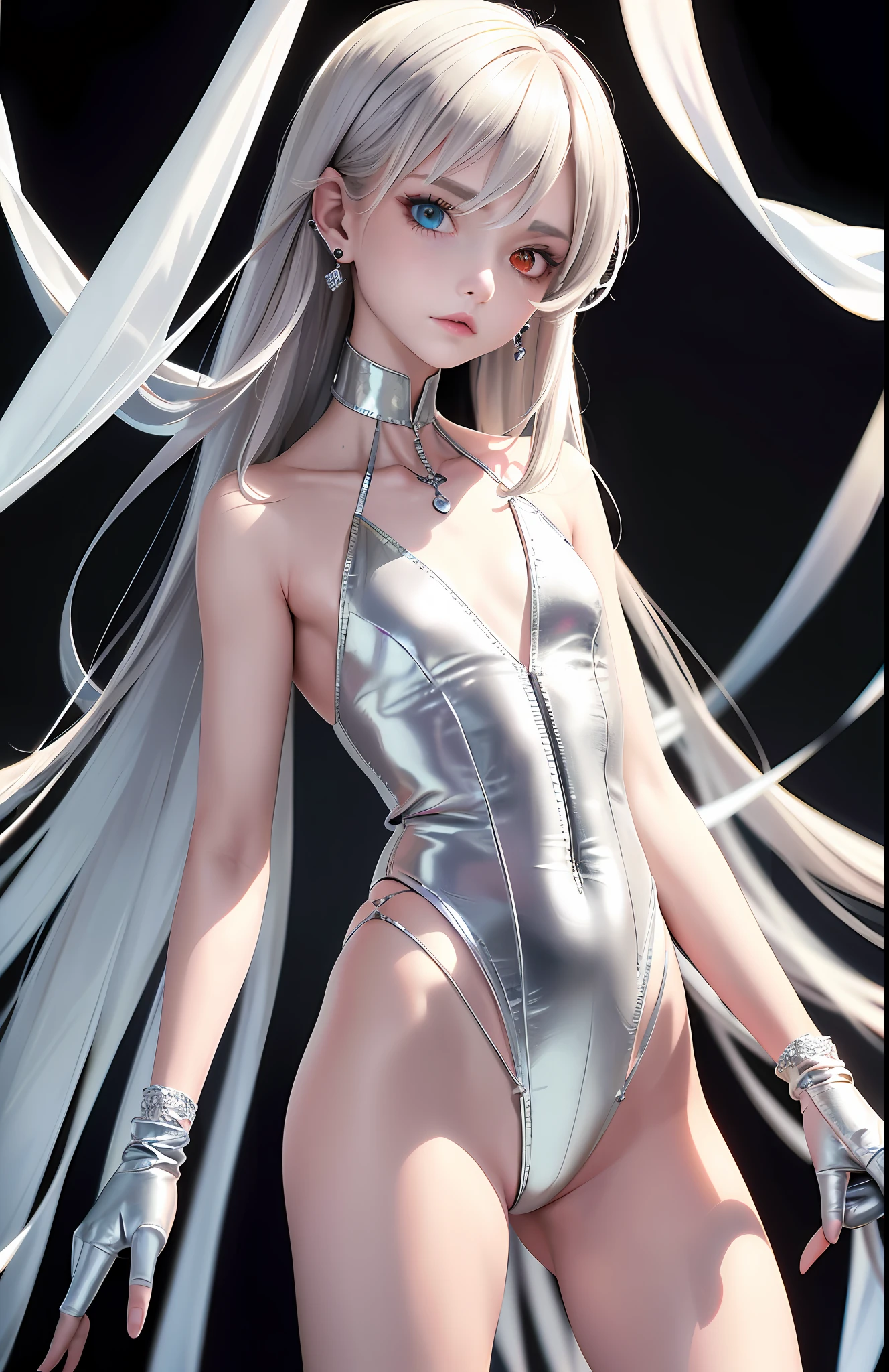 Best, Masterpiece, High Resolution, Best Quality, Ultra HD, Super Detail, Award-Standing, 16k, (Upper Body), Anatomically Correct, Beautiful Maiden, Gray Hair, Hair Strands, ((Heterochromia)), Hanging Corners, Fair Skin, (Small), (Slim Body), (Tuxedo)), Stud Earrings, (Neck Rings), (Very, Very Short Short Glove)