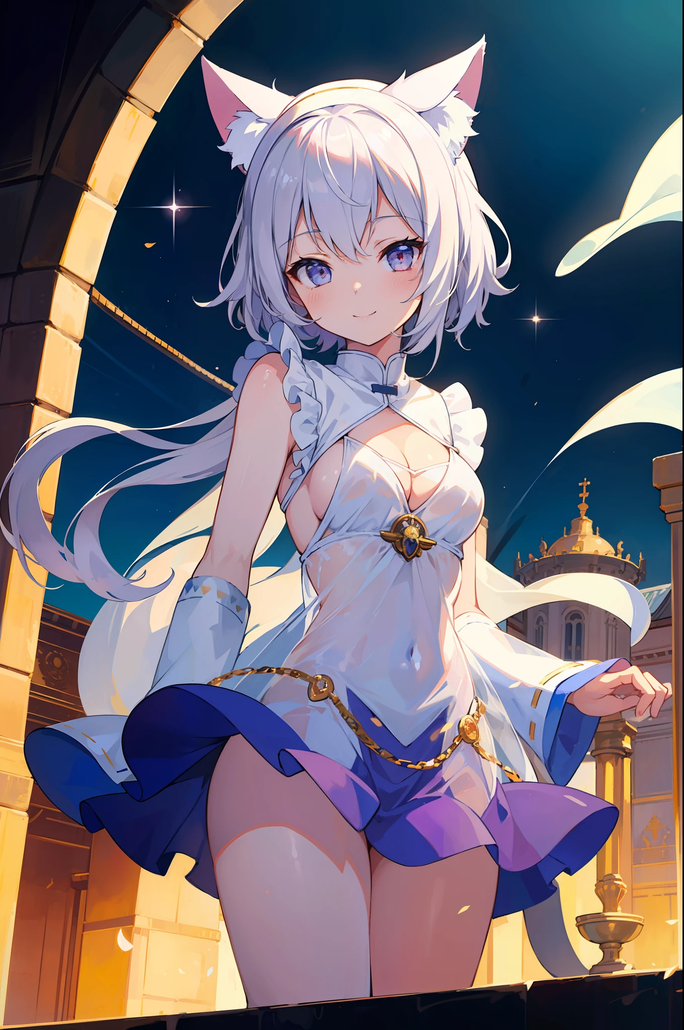 (MASTERPIECE), (Best Quality Animated Illustration), (Super Definition), One Girl, Solo, Beautiful Girl with Silver Hair, Anime Loli, Cat Ear Loli, See-Through Priest Costume, Pope, Sleeveless, Smile, Cleavage Emphasis, Underboob, Thighs, Pope, Temple