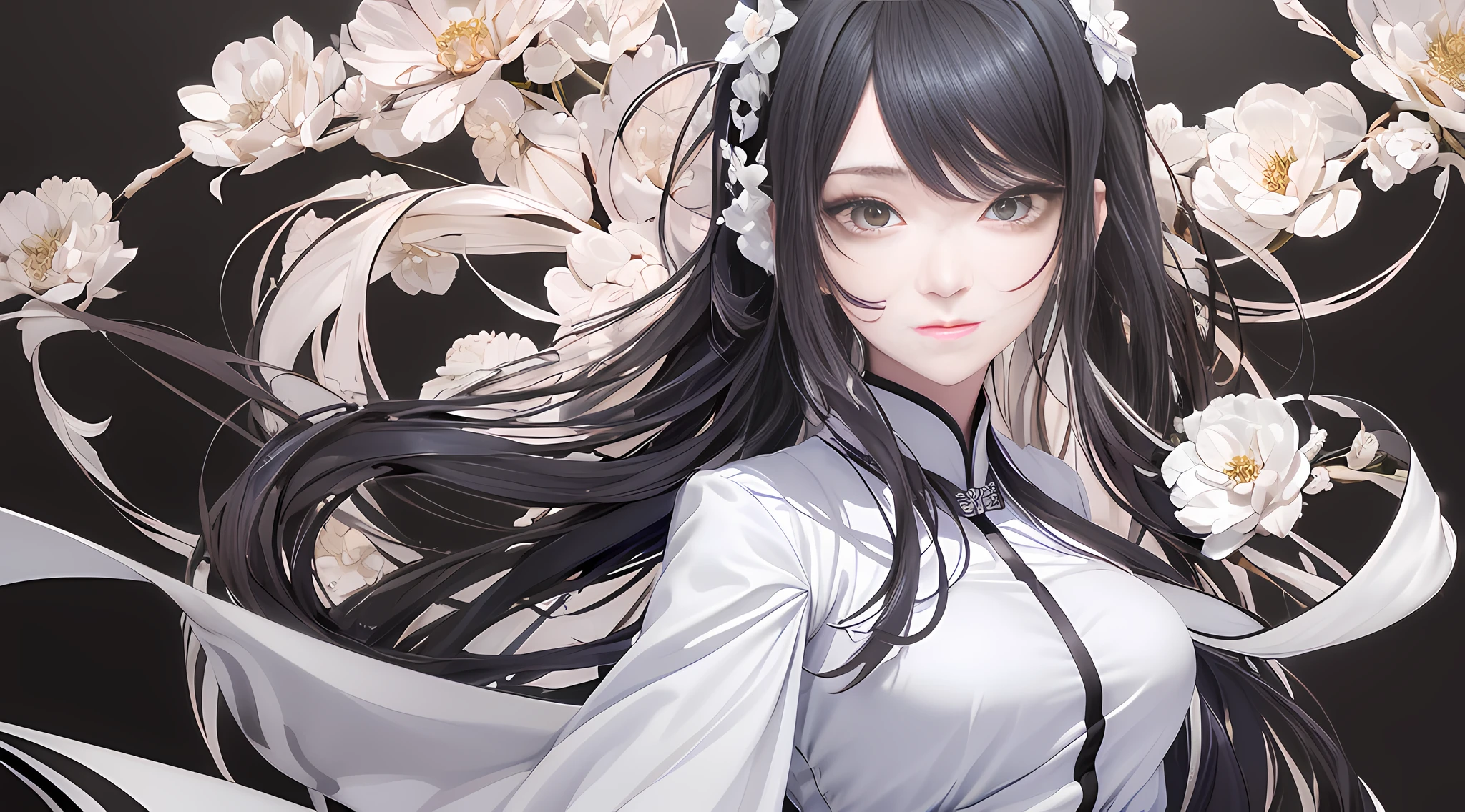 (Beautiful figure), (slim figure), (beautiful and delicate face), (bright eyes), (flowing black hair), (white and flawless skin), (flying sleeves), (extremely detailed CG uniform 8k wallpaper), (extremely detailed CG uniform 8k wallpaper), high detail, masterpiece, (HDR) (wallpaper) (movie lighting) (sharp focus) (ultra high definition), national uniform, white Hanfu, long dress --auto --s2