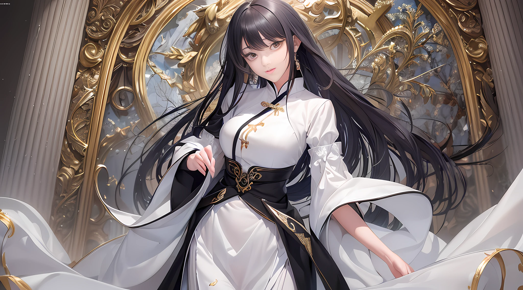 (Beautiful figure), (slim figure), (beautiful and delicate face), (bright eyes), (flowing black hair), (white and flawless skin), (flying sleeves), (extremely detailed CG uniform 8k wallpaper), (extremely detailed CG uniform 8k wallpaper), high detail, masterpiece, (HDR) (wallpaper) (movie lighting) (sharp focus) (ultra high definition), national uniform, white Hanfu, long dress --auto --s2