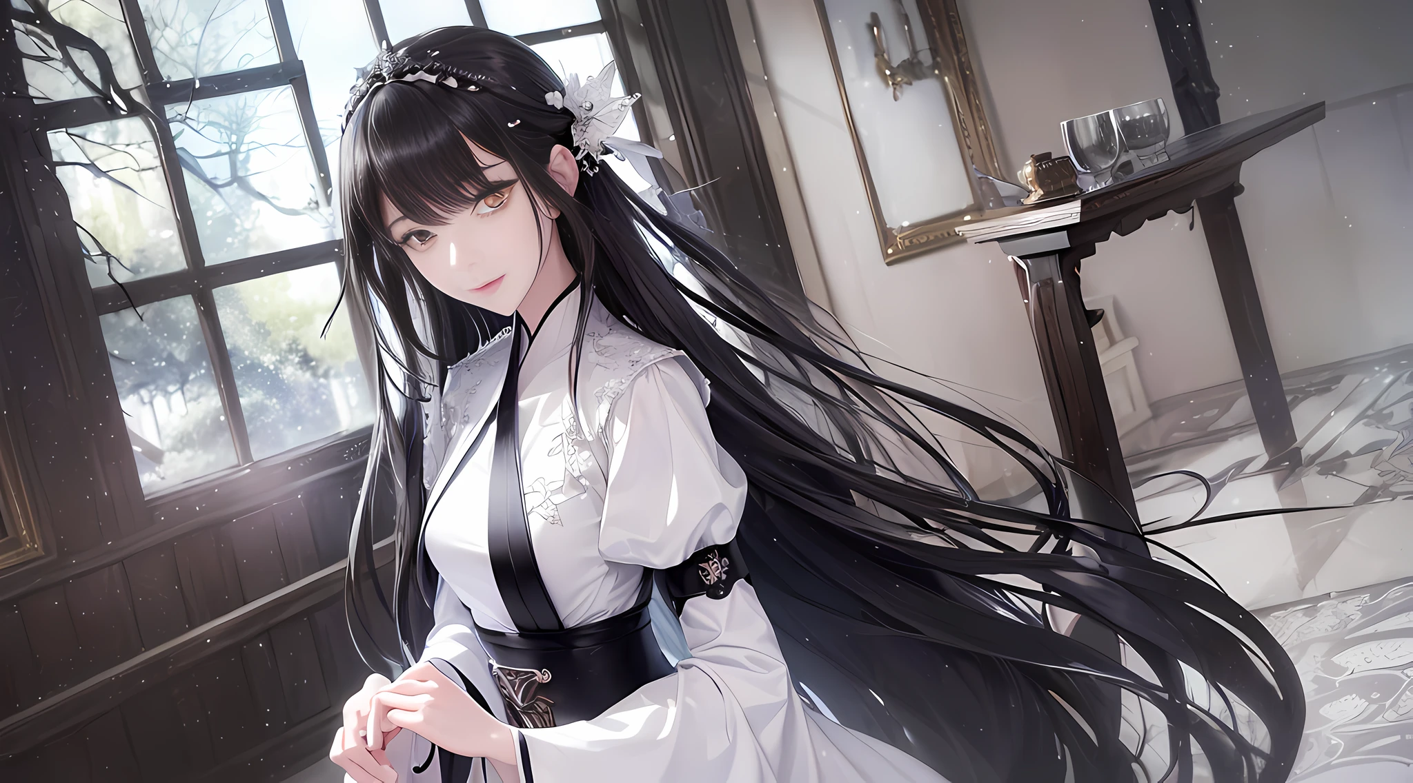 (Beautiful figure), (slim figure), (beautiful and delicate face), (bright eyes), (flowing black hair), (white and flawless skin), (flying sleeves), (extremely detailed CG uniform 8k wallpaper), (extremely detailed CG uniform 8k wallpaper), high detail, masterpiece, (HDR) (wallpaper) (movie lighting) (sharp focus) (ultra high definition), national uniform, white Hanfu, long dress --auto --s2