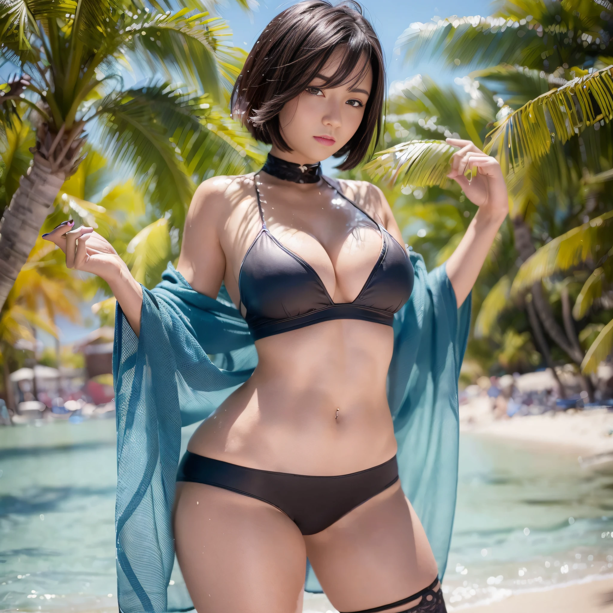 ((Best Quality, 8k, Masterpiece: 1.3)), Perfect Body Shape: 1.4, (Big: 1.2), Highly Detailed Face and Skin Texture, Detailed Eyes, Pose On the Beach, 1girl, Cinematic, Full Body, Japan Goddess, Short Hair, Smile, Hot Pants, Wet Body