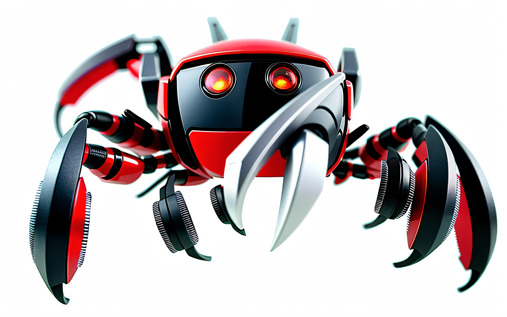 Create a detail-rich, full-body red photo of a cute cute red robot crab wearing sunglasses in its long eyes. Of their ten legs, the front two have pincer-shaped claws and are large and strong. (cyborg: 1.1), (intricate detail), HDR, (intricate detail, hyperdetail: 1.2), centered, metal skin texture, deep and clear photo, white background.