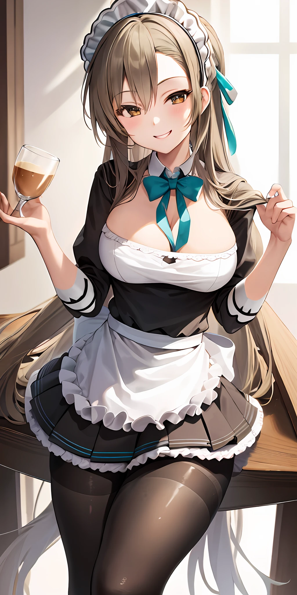 1girl, solo, asuna, long hair, large breasts, thighs, smiling, (maid outfit, pantyhose), cafe background
