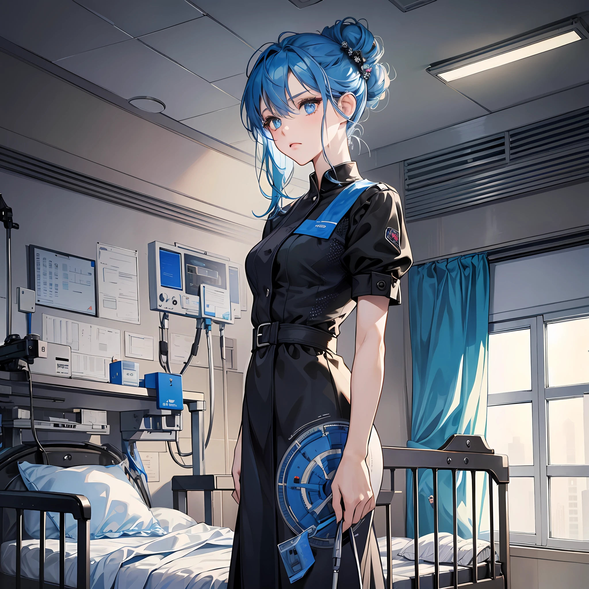 ((masterpiece)), (best quality), (detailed), (1girl), blue hair, blue eyes, updo, black dress, sad expression, standing in front of a hospital bed, surrounded by medical equipment