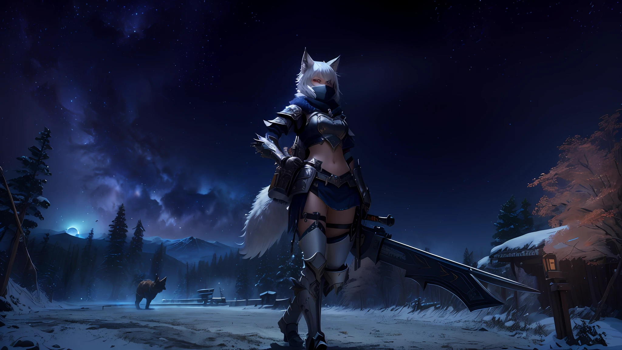 there is a woman in a costume holding a sword in the snow, kitsune inspired armor, badass anime 8 k, wolf armor, fox nobushi, as a badass monster hunter, holo is a wolf girl, in monster hunter armor, 2. 5 d cgi anime fantasy artwork, foxgirl, wearing monster hunter armor, holo if a wolf girl --auto --s2