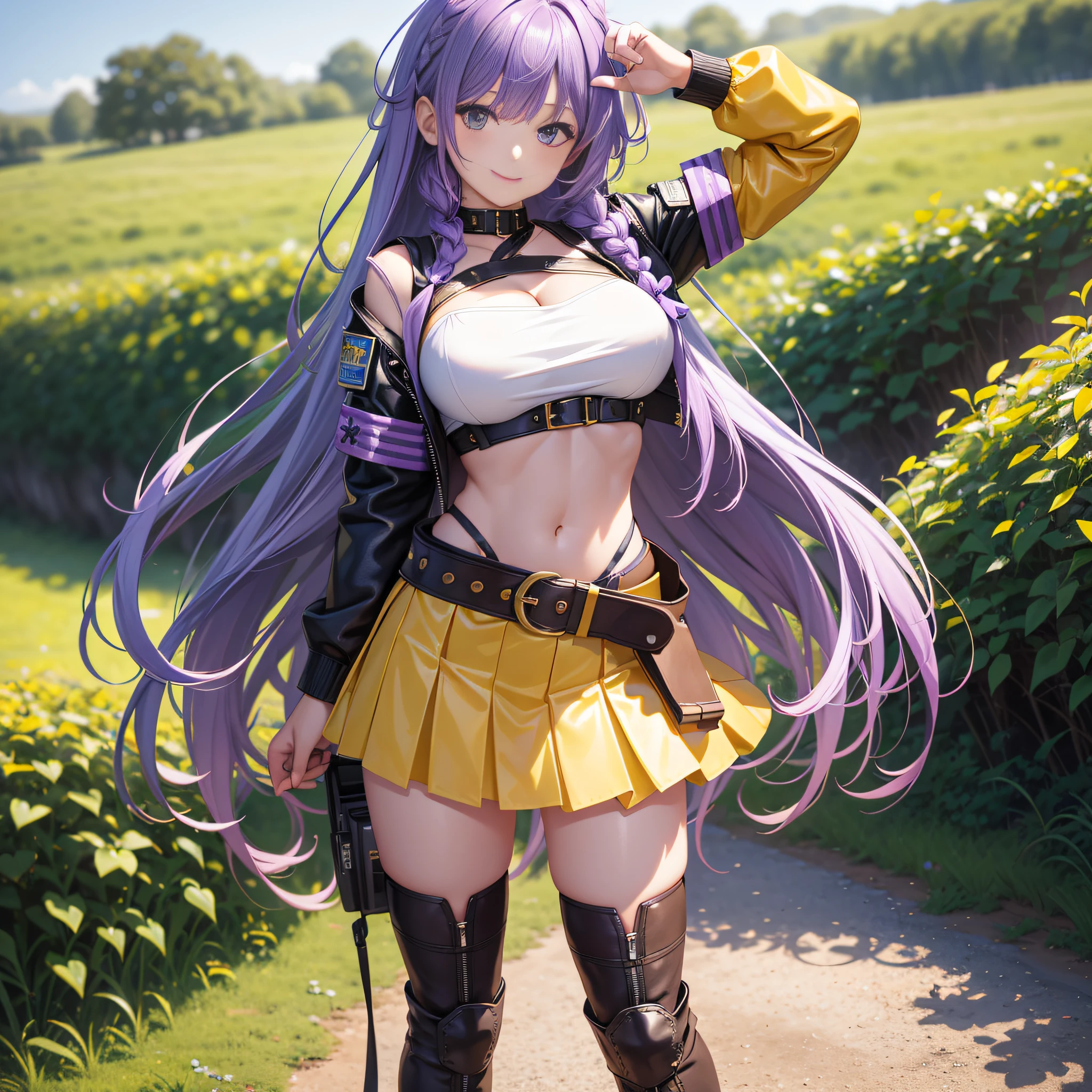 8k, high detail, high quality, a girl, young, standing, smiling, ((very detailed face details)), purple hair, long hair, ((twisted braid)), short sleeves, (light purple leather jacket), (white bandeau)), large breast, leaky belly button, abs, ((yellow short skirt)), ((white stockings)), (brown leather boots), sunny, (country field), blue sky, rainbow, cinema camera style, positive view, full body