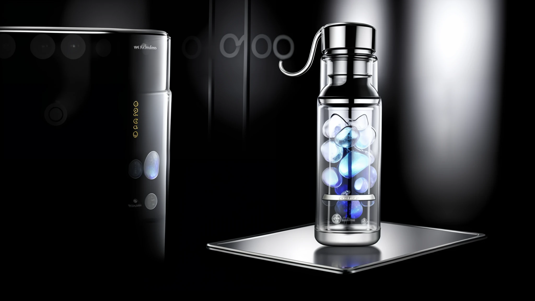 There is a tall mineral water bottle with a lot of different designs on it, made of drinks, drinks, 3D fluid simulation rendering, rendered in Cinema 4D, rendered in Cinema4D, very realistic 3D rendering, 3D product rendering, fancy whiskey bottle, rendered in 3 DSMAX, depicted as 3D rendered, with 3D rendering, light black poster background, dotted with appropriate text, with wahaha logo, glass material, natural light, in water mist