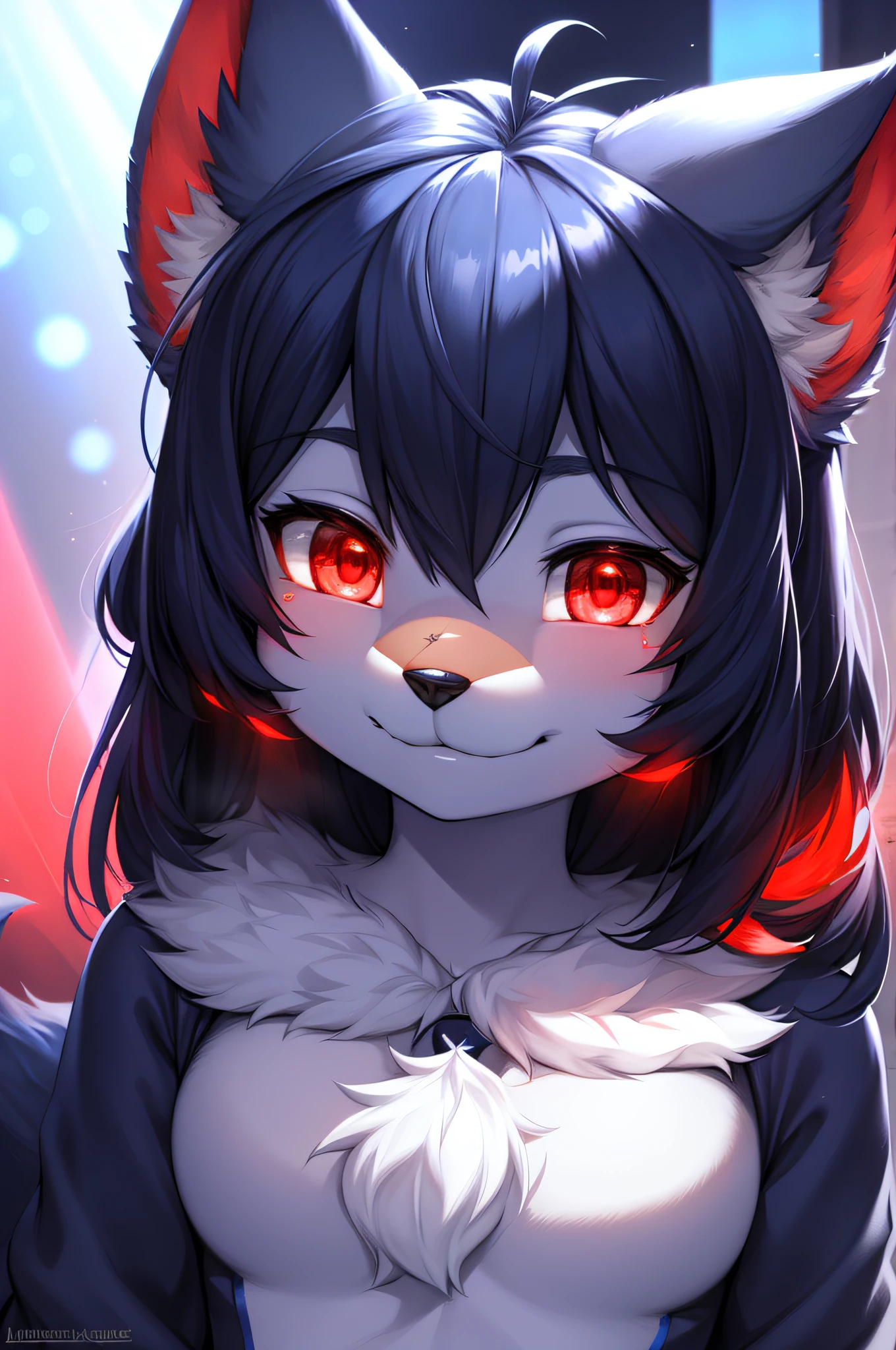 Furry, navy blue fur, super cute face, red elements on fur, beautiful lights and shadows, ambient light, super fine fur, volumetric light