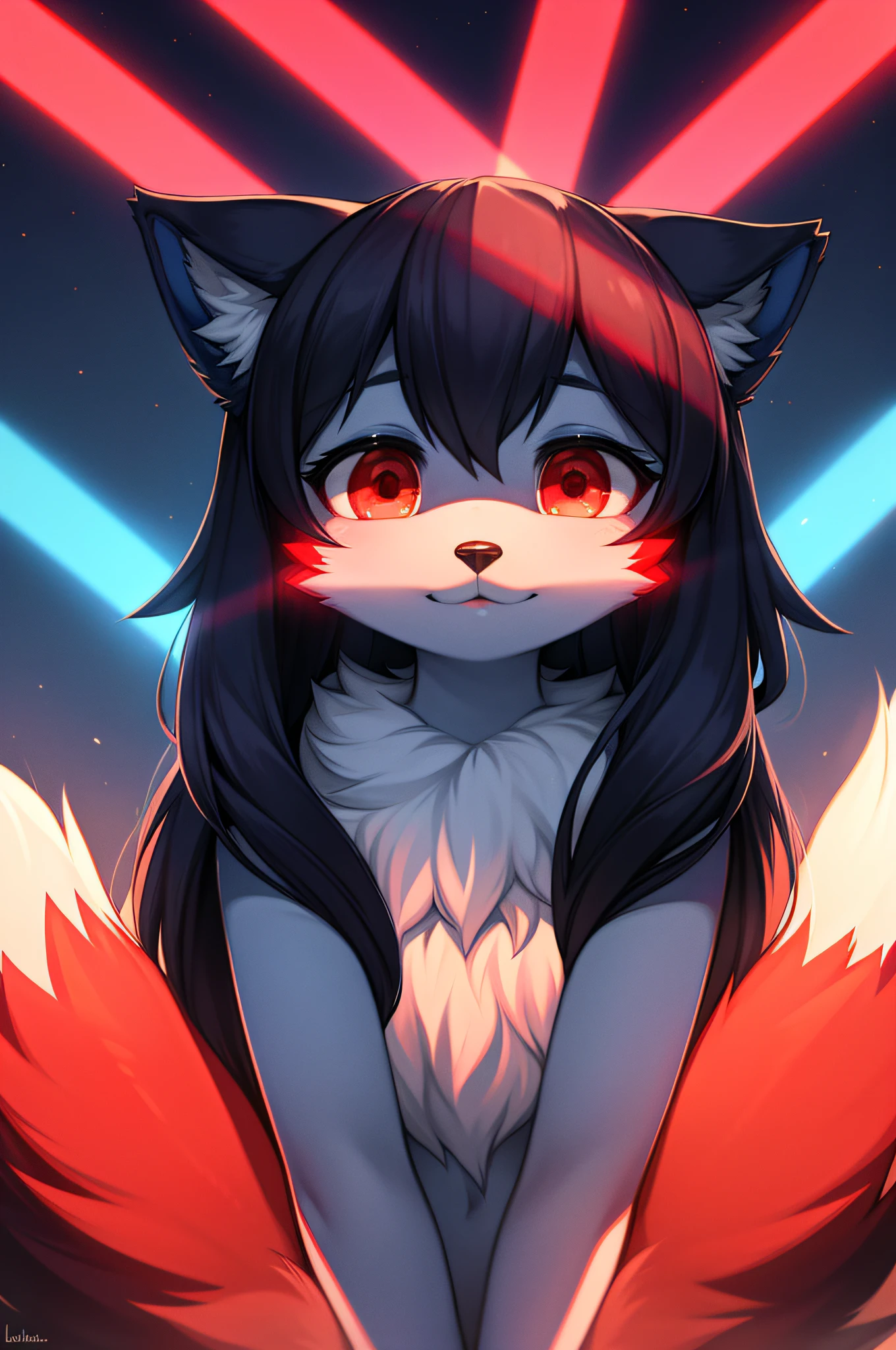 Furry, navy blue fur, super cute face, red elements on fur, beautiful lights and shadows, ambient light, super fine fur, volumetric light