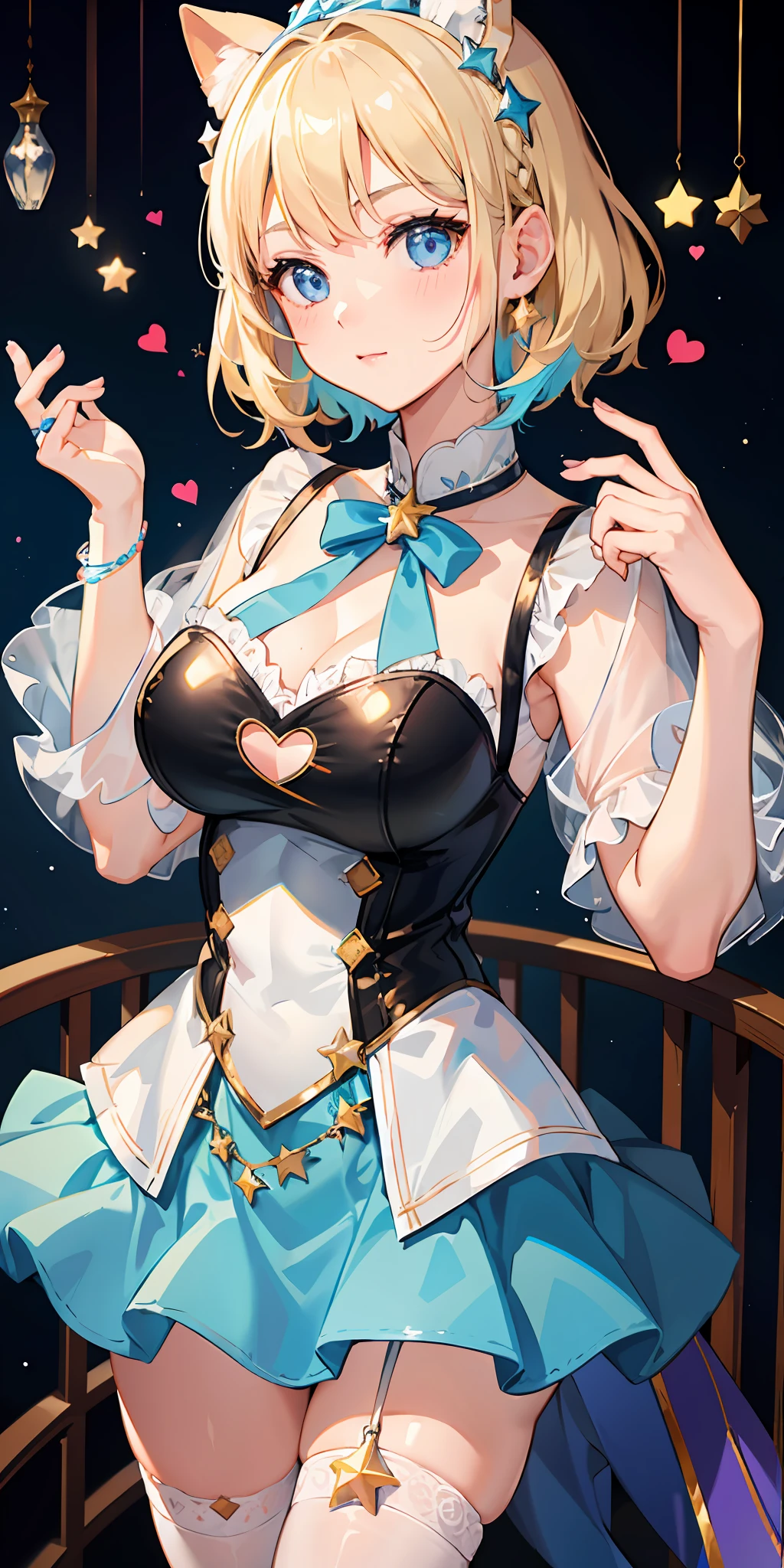 1girl, bright, blonde, light blue eyes, heart motif, star, moon, short hair, uniform bangs, multicolored hair, princess, saleme, side light, light particles, wallpaper, big, plump, idol, idol costume, cute costume, fabulous outfit, dress, swimsuit, loose, smiley, gentle, clear, , sexy