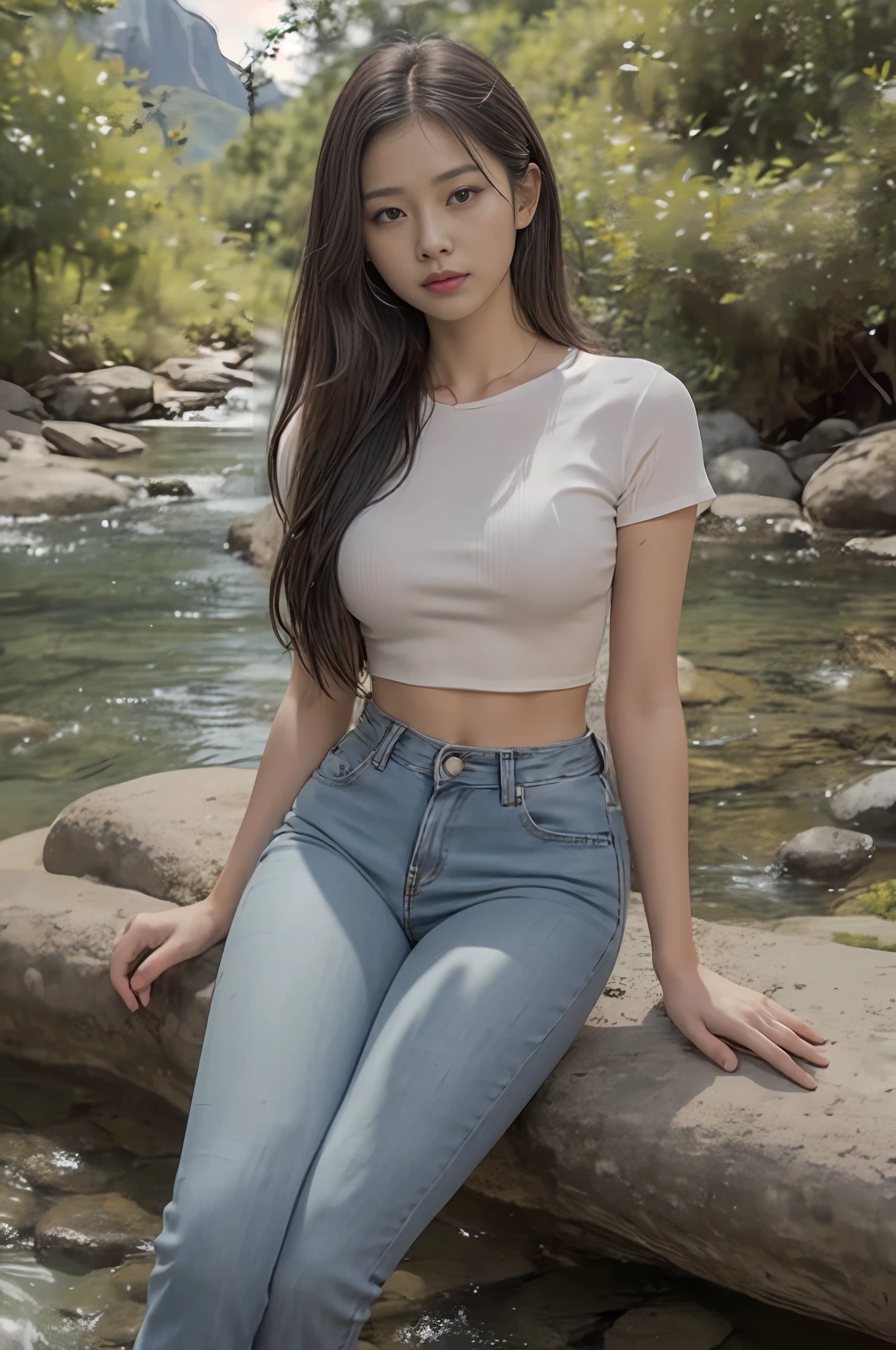 Realistic, photorealistic, 16k HD, masterpiece: 1.5, focus: 1.8, Allard asian woman wearing crop top tight long jeans and sheer short sleeves, upper body naked, nude, background: 1.5 (foot of the mountain, creek, dating), cute sitting, dating, shooting full body: 1.8 --auto --s2