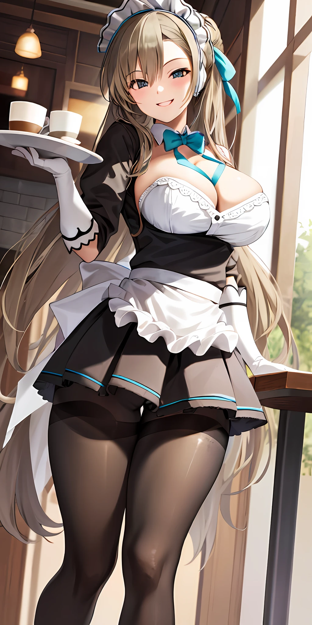 1girl, solo, asuna, long hair, large breasts, cleavage, thighs, smiling, (maid outfit, pantyhose), cafe background