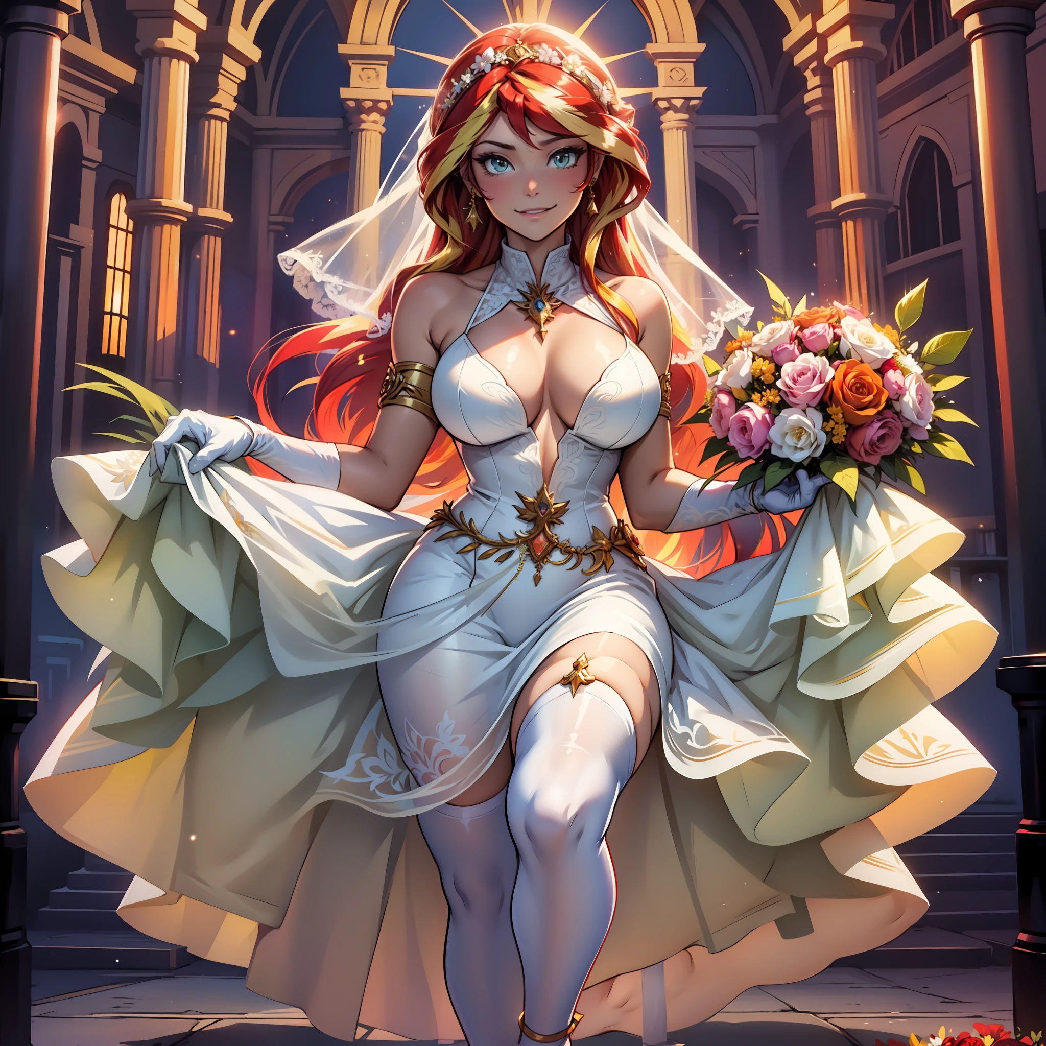 Sunsethuman, Sunset Shimmer, Sunset Shimmer from my little pony, Sunset Shimmer in the form of a girl, , lush , voluminous , firm , shin, heels, feet, five fingers, detailed hands, two hair tones, red and yellow hair, Wedding, getting married, wedding dress, bouquet of flowers, white dress, white gloves, white tights with garters white shoes, solo, one character, happy face