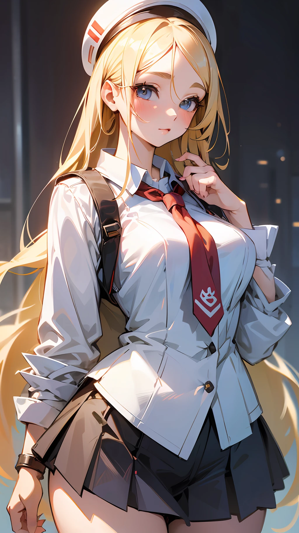 araffed woman in a short skirt and a white shirt, perfect android girl, hyperrealistic schoolgirl, a hyperrealistic schoolgirl, japanese goddess, korean girl, blonde goddess, realistic schoolgirl, japanese model, seductive anime girl, with long blond hair, really large bust, hyperrealistic full figure, trending at cgstation, anime girl cosplay, beautiful blonde girl --auto --s2