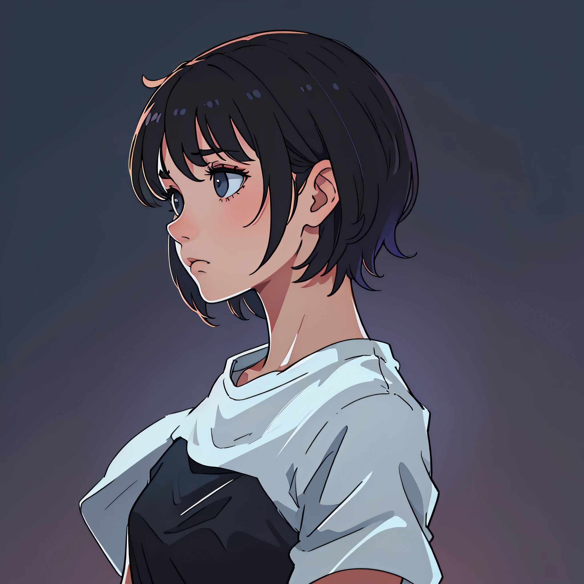 Beautiful girl, very detailed, clean, high-quality, sharp image, sad, depressed, cool colors, short hair, dark hair, black t-shirt, flat chest, close-up, profile picture, hopelessness, doom, sad atmosphere, simple background, good lighting, high quality