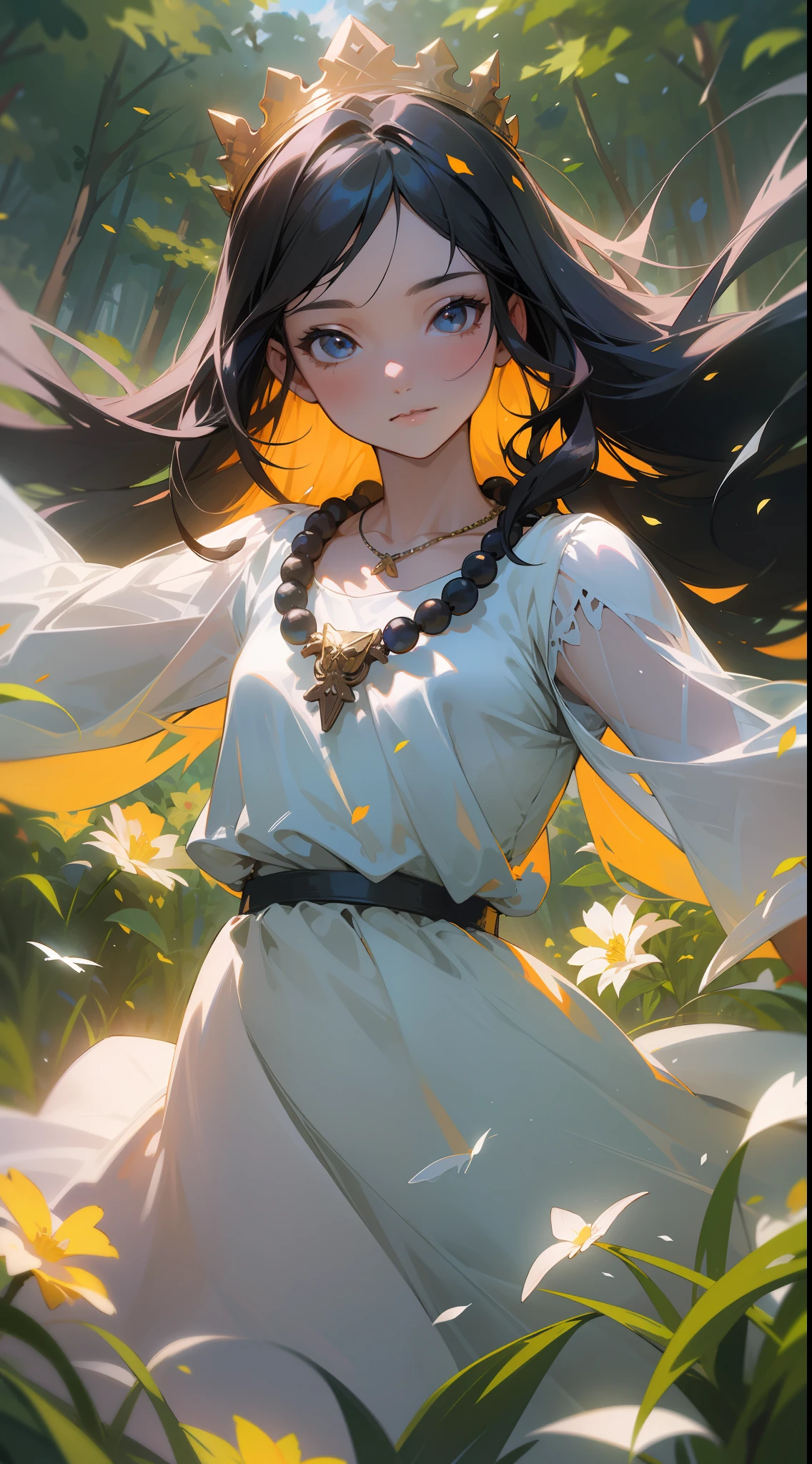 ((SFW)),Masterpiece, High Quality, ((Photoreal))), Cinematic Direction, (High Contrast), Depth of Field, (Award-winning Difference Photo), Face Details, Detailed Drawing, There is a place in the forest where flowers bloom, Girl dancing in a snow-white summer dress in that flower field, Girl is 11 years old, Very long hair with black hair, Summer sky, Summer clouds, Summer dazzling sunlight, Flower garden, Girl with open arms, necklace, crown of flowers, butterfly, fluttering petals, dynamic movement, dance,