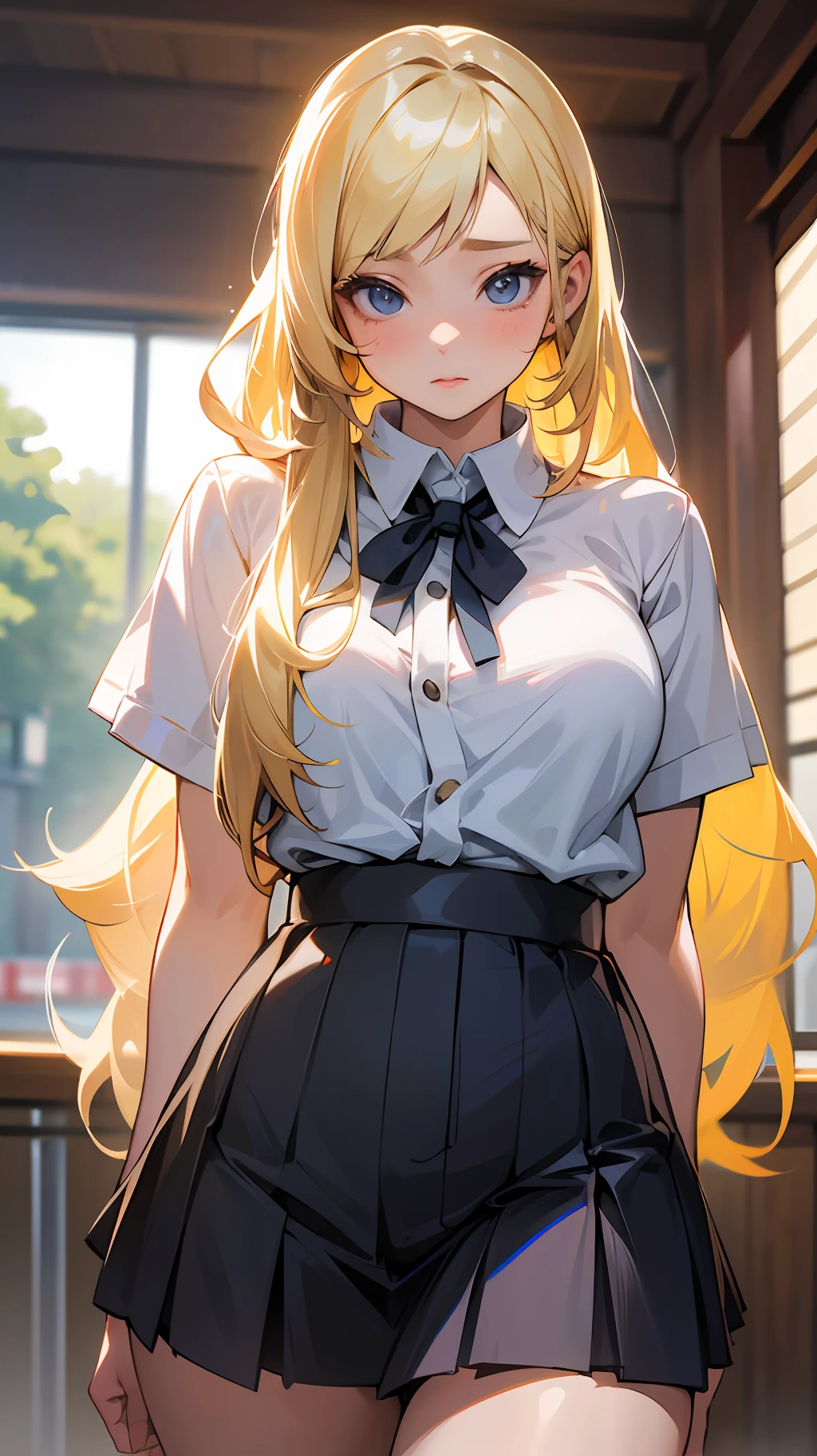 araffed woman in a short skirt and a white shirt, perfect android girl, hyperrealistic schoolgirl, a hyperrealistic schoolgirl, japanese goddess, korean girl, blonde goddess, realistic schoolgirl, japanese model, seductive anime girl, with long blond hair, really large bust, hyperrealistic full figure, trending at cgstation, anime girl cosplay, beautiful blonde girl --auto --s2