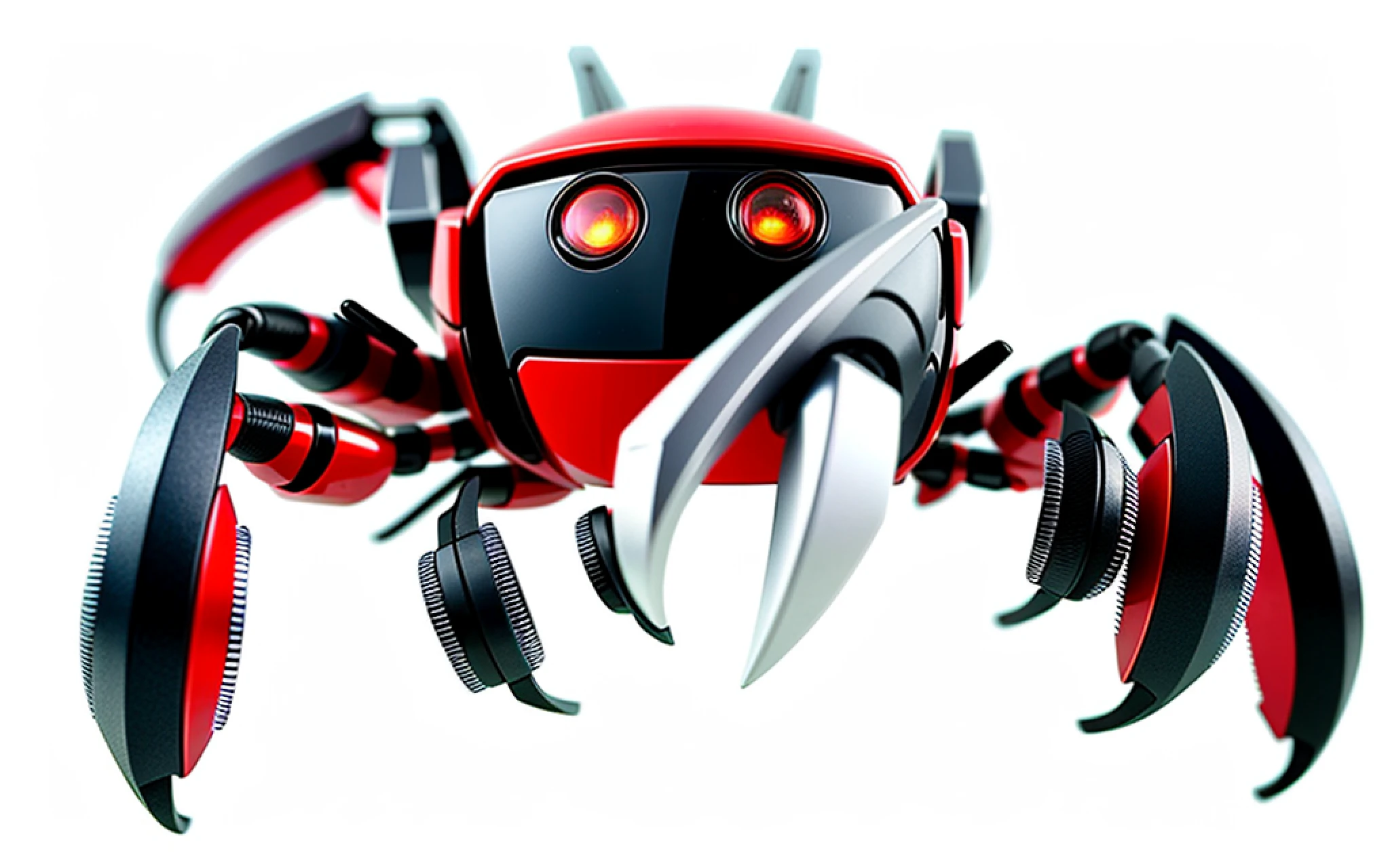 Create a detail-rich, full-body red photo of a cute cute red robot crab wearing sunglasses in its long eyes. Of their ten legs, the front two have pincer-shaped claws and are large and strong. (cyborg: 1.1), (intricate detail), HDR, (intricate detail, hyperdetail: 1.2), centered, metal skin texture, deep and clear photo, white background.