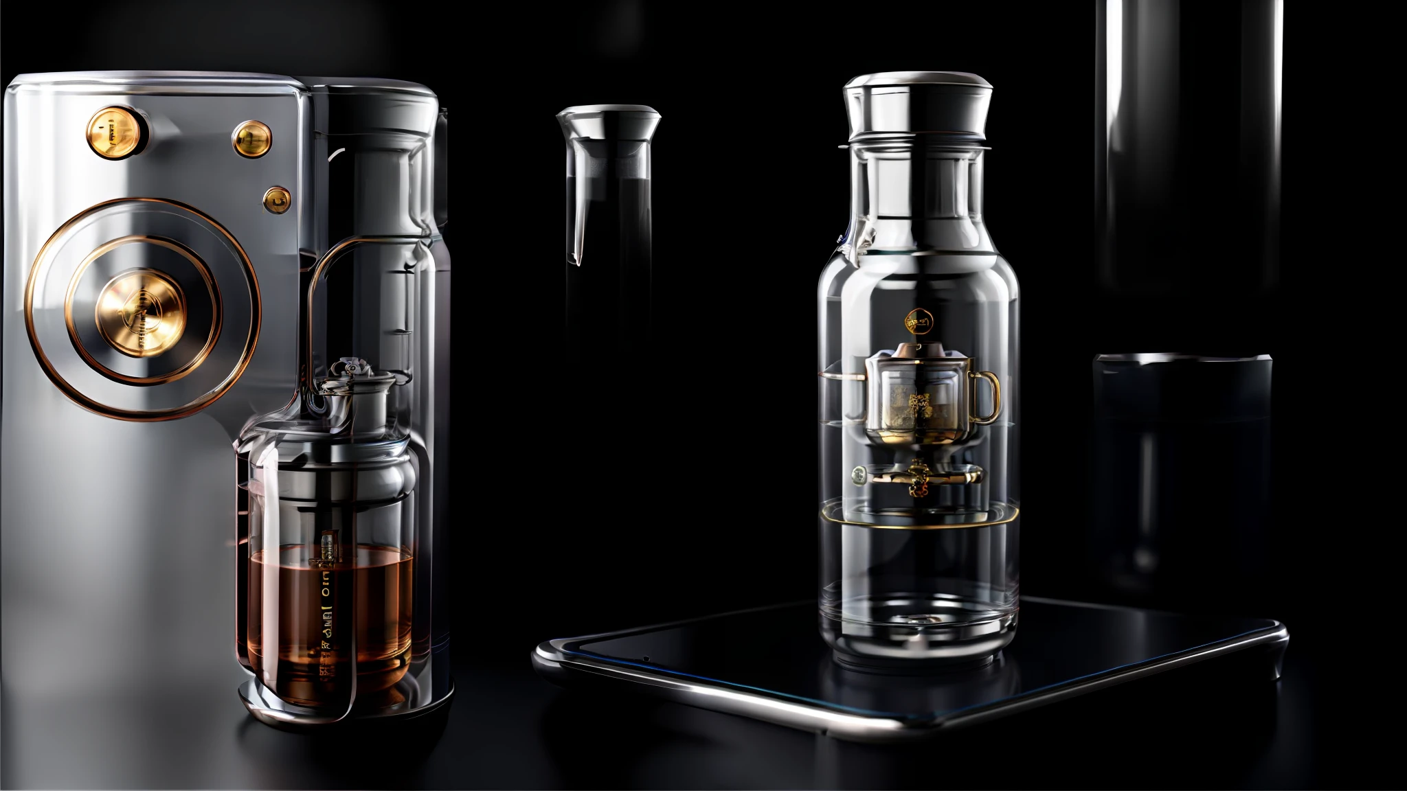 There is a tall mineral water bottle with a lot of different designs on it, 3D fluid simulation rendering, rendered in Cinema 4D, rendered in Cinema4D, very realistic 3D rendering, 3D product rendering, fancy mineral water bottle, rendered in 3 DSMAX, depicted as 3D rendering, with 3D rendering, light black poster background, dotted with appropriate text, with wahaha logo, glass material, natural light, in water mist, ((((glass material))))