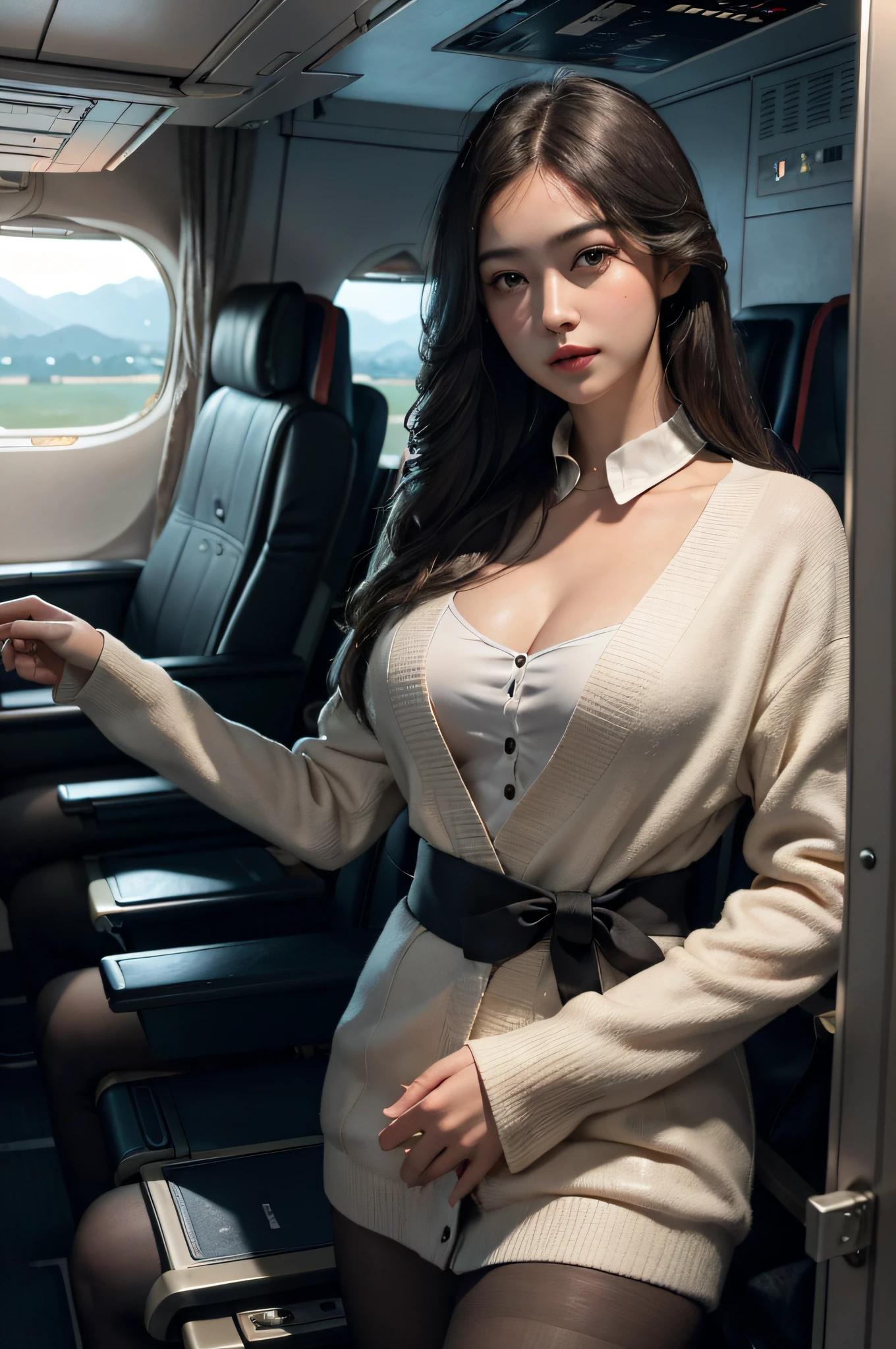 best quality, masterpiece, 8k, ultra high res, (photorealistic:1.4), highly detailed, intricate detail, delicate and beautiful, good lighting, professional lighting, sharp focus, detailed shadows, exquisite details and textures, depth of field, unity 8k wallpaper, cinematic composition, cinematic lighting, official art, Cabin Crew, flight attendant, black pantyhose, (aircraft, (Aircraft Corridor), Aircraft seats) beautiful elegant face, detailed face, detailed eyes, realistic hair, long hair, (1girl), (standing:1.3),