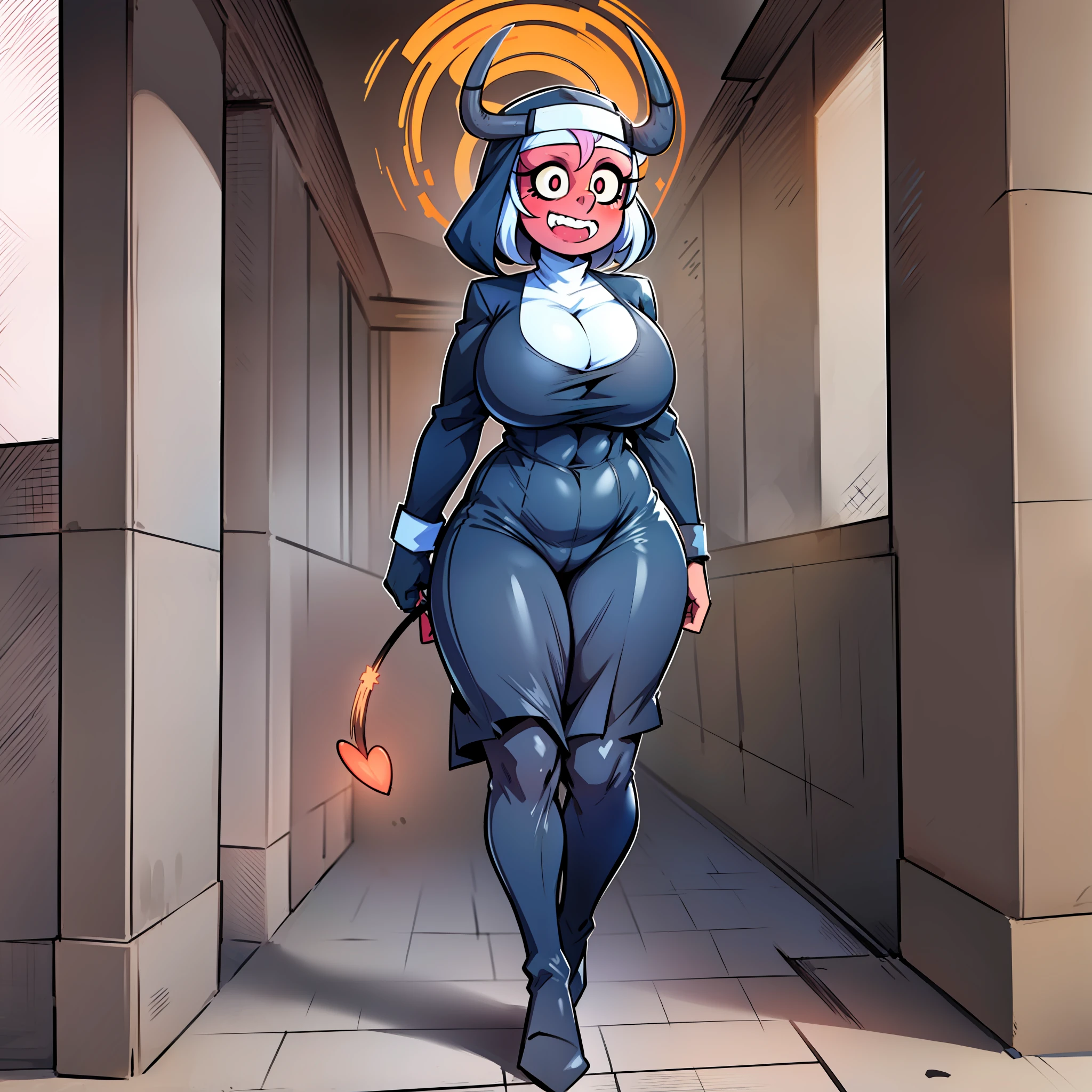 nun, demon girl, walking, bimbo, warpriesstes, fire hammer, silver hair, short hair