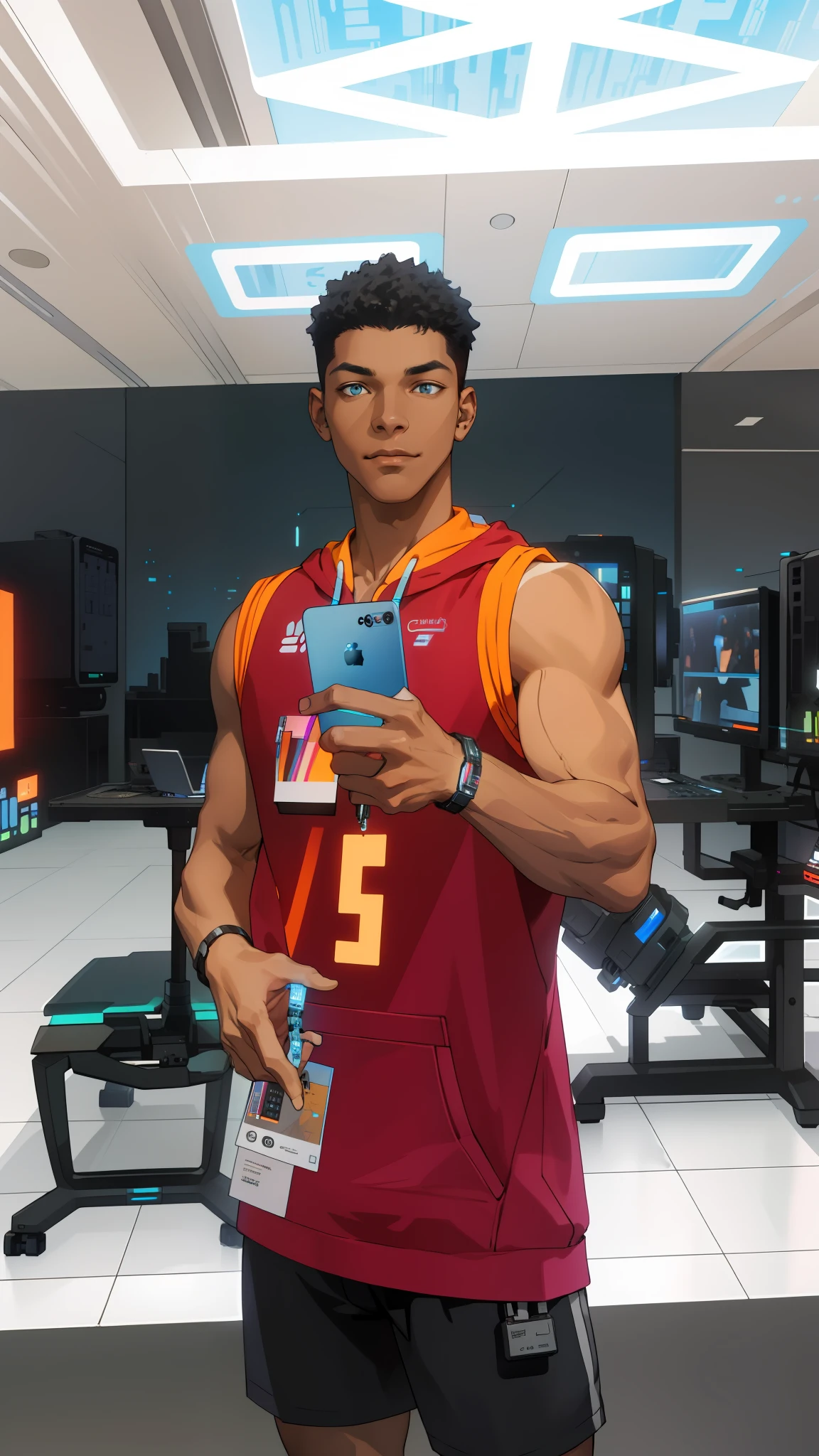 (absurd, highres, ultra detailed), keeping the face as similar as possible to that of the image Create a black male avatar, mature, virile, muscular tall, handsome, finely detailed eyes, intricate details, portrait, looking at the viewer, solo, half shot, detailed background, detailed face, (1980s synthwave theme:1.1) futuristic hacker high-tech, smile, advanced technology, hoodie, techwear, wearable device, keycard, cables, (holographic display: 1.05), computer, password, control panel in the background, blue lights, dark sinister atmosphere, Shadows