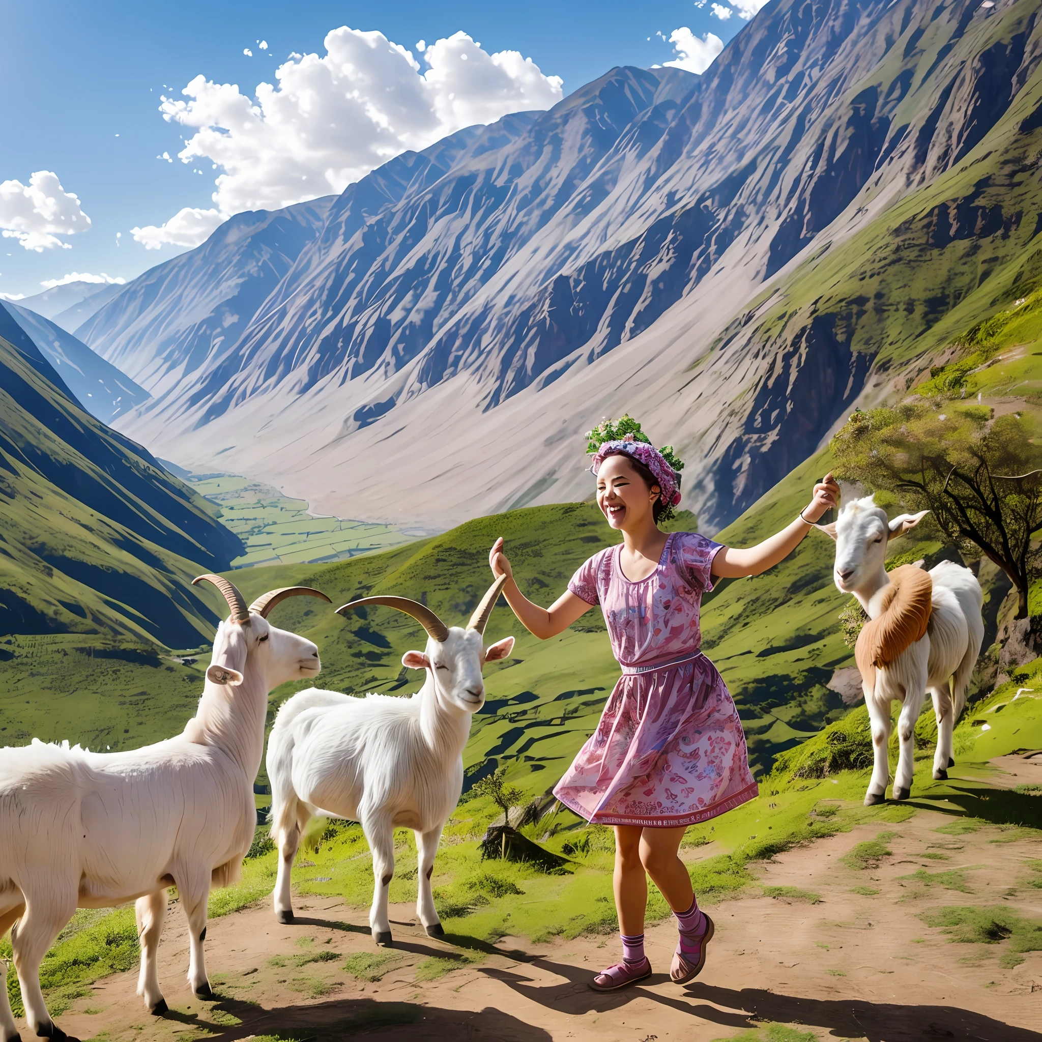 Scenery of a happy dancing person and a goat together. The rich nature and local community can be seen in the surroundings, and the circulation of the region is depicted. There is a smile on every face --auto --s2