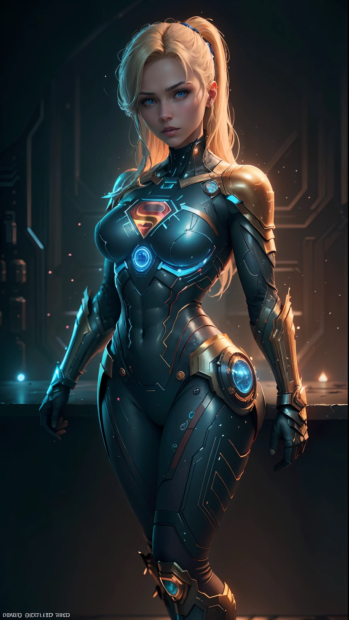 ((Best Quality)), ((Masterpiece)), (Detailed: 1.4), 3D, an image of a beautiful cyberpunk Supergirl,HDR (High Dynamic Range),Ray Tracing,NVIDIA RTX,Super-Resolution,Unreal 5,Subsurface Dispersion, PBR Texture, Post-processing, Anisotropic Filtering, Depth of Field, Maximum Clarity and Sharpness, Multilayer Textures, Albedo and Specular Maps, Surface Shading, Accurate Simulation of Light-Material Interaction, Perfect Proportions, Octane Render, Two-Tone Lighting,Wide Aperture,Low ISO,White Balance,Rule of Thirds,8K RAW,CircuitBoardAI, Blonde Hair, Blue Eyes, Superman Symbol on Chest.