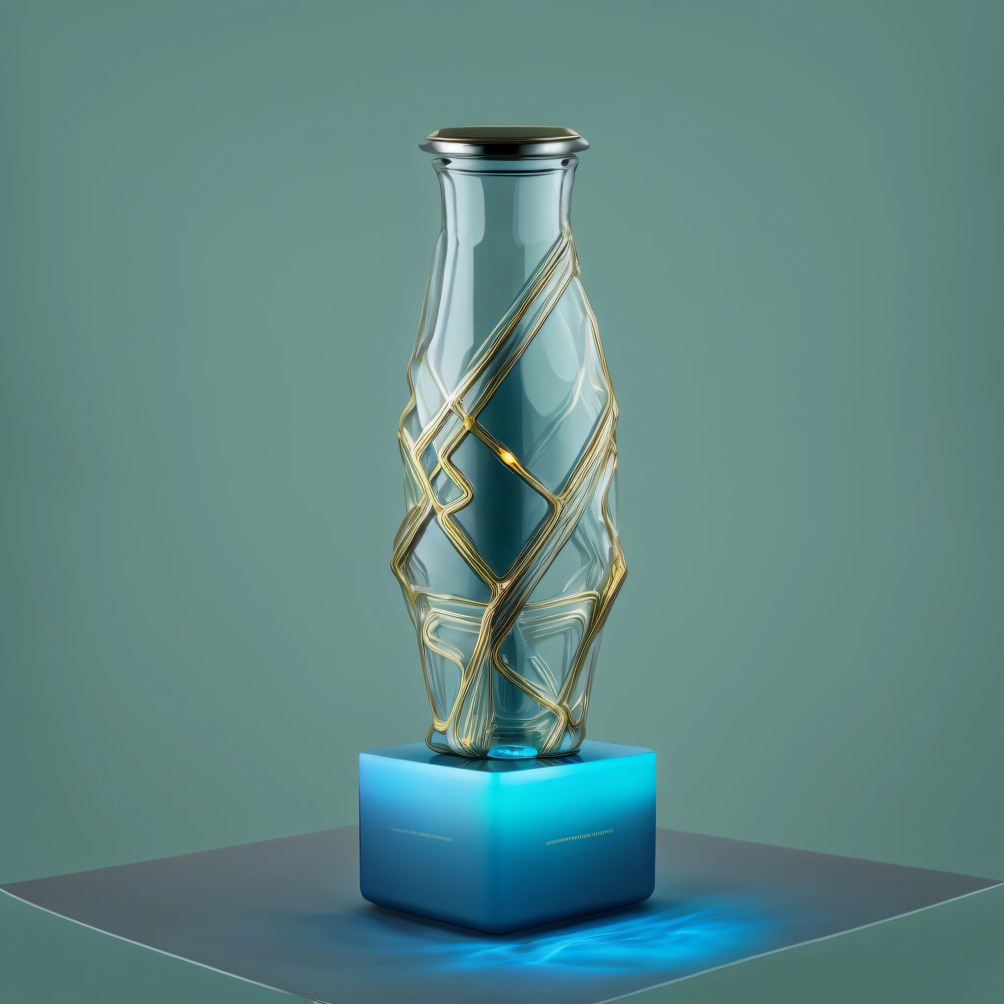 On the table there is a glass bottle with light, three-dimensional cyan gold LED light, klein bottle, glass sculpture, light caustic effect, glass statue, liquid sculpture, digital sculpture, 3D sculpture, 3D sculpture, 3D sculpture, 3D fluid simulation rendering, made of glass, hourglass volumetric lighting