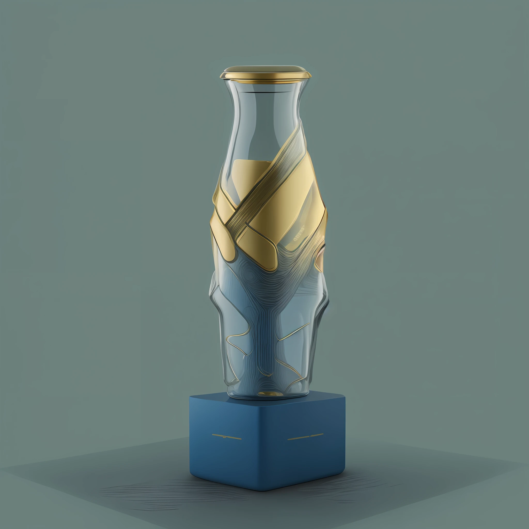 On the table there is a glass bottle with light, three-dimensional cyan gold LED light, Klein bottle, glass sculpture, light caustic effect, glass statue, liquid sculpture, digital sculpture, 3 D sculpture, 3D sculpture, 3D fluid simulation rendering, made of glass, hourglass volumetric lighting, black base, base four corner spotlight glow, (((glass material))), cool tones