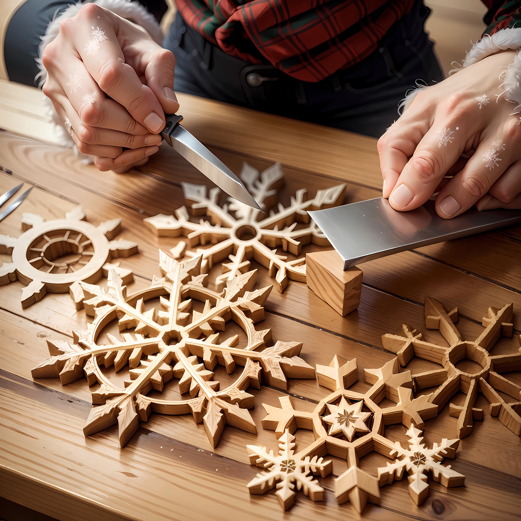 The process of making Christmas decorations carved into snowflake patterns carefully carved into snowflake patterns using a saw, using a carving knife and a fine file, fingers without broken fingers and no 6 fingers. The fingers generate 5 fingers, and the fingers of the right hand are normal 5 fingers --auto --s2