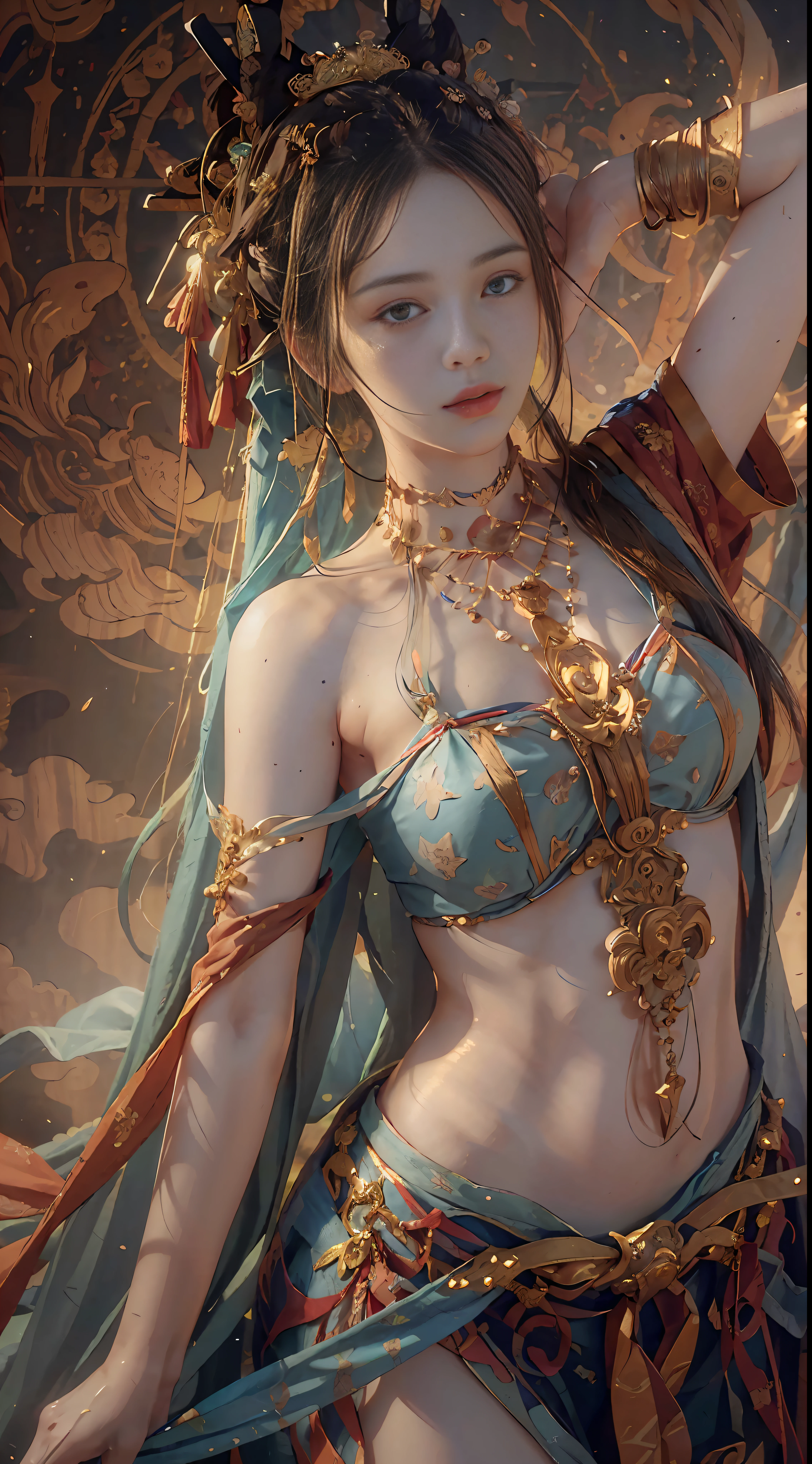 (RAW photo, best quality), (realistic, photo-realistic:1.3),best quality,highly detailed,masterpiece,ultra-detailed,illustration,1girl,upper_body,dynamic angle,world masterpiece theater,messy_long_hair,best quality,extremely detailed CG unity 8k wallpaper,ink,Amazing,cinematic lighting,lens_flare,,dunhuang_style