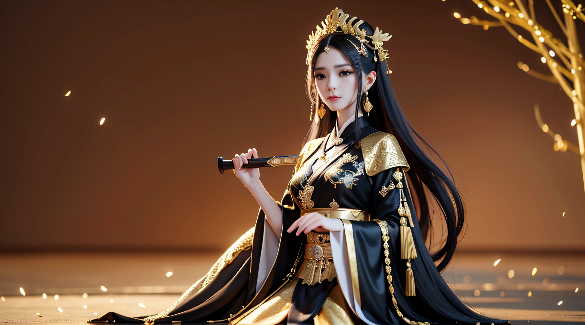 arafed woman in a black and gold outfit holding a sword, palace ， a girl in hanfu, inspired by Du Qiong, a beautiful fantasy empress, ((a beautiful fantasy empress)), full body xianxia, inspired by Lan Ying, 8k high quality detailed art, by Yang J, trending on cgstation, 3 d render character art 8 k