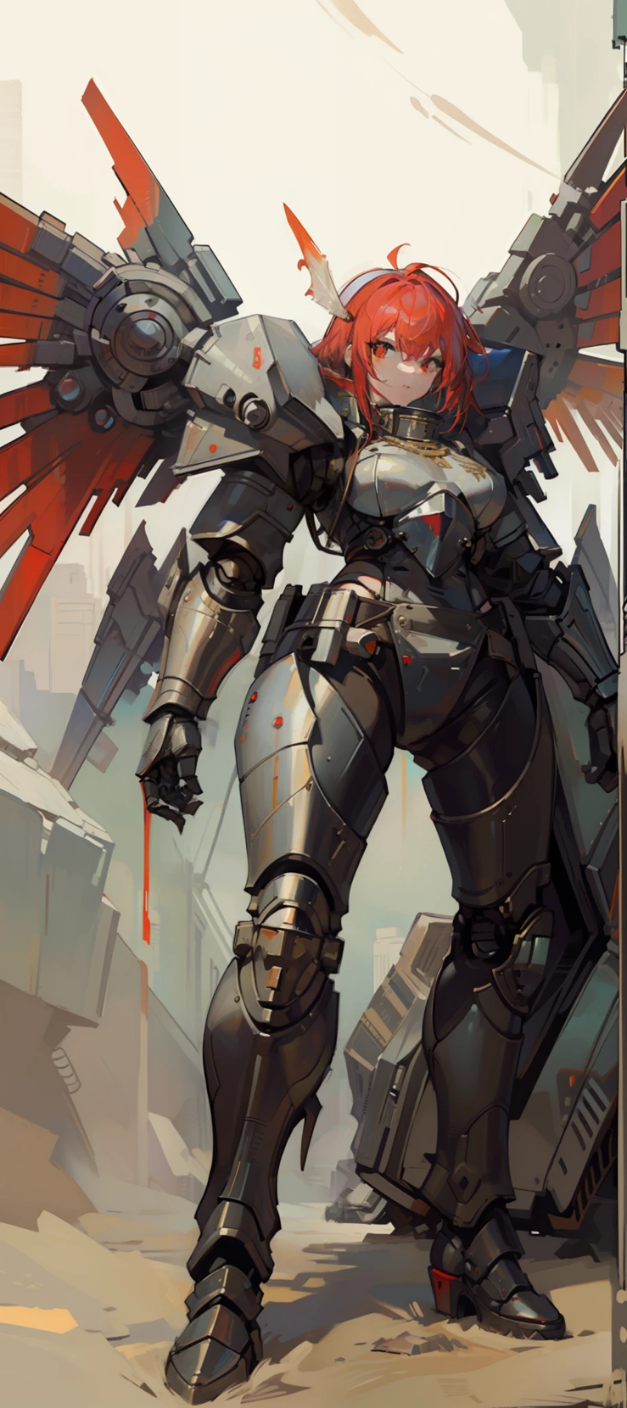 1female, dynamic pose, (masterpiece:1.2), (best quality:1.3), SCI-Fi Knight, Cyberpunk, futuristic, WHITE power armor with red cloth, mechanical pair of wings on back, steel feathers, Inspired by 17th century Winged Hussars, mecha, cyborg,