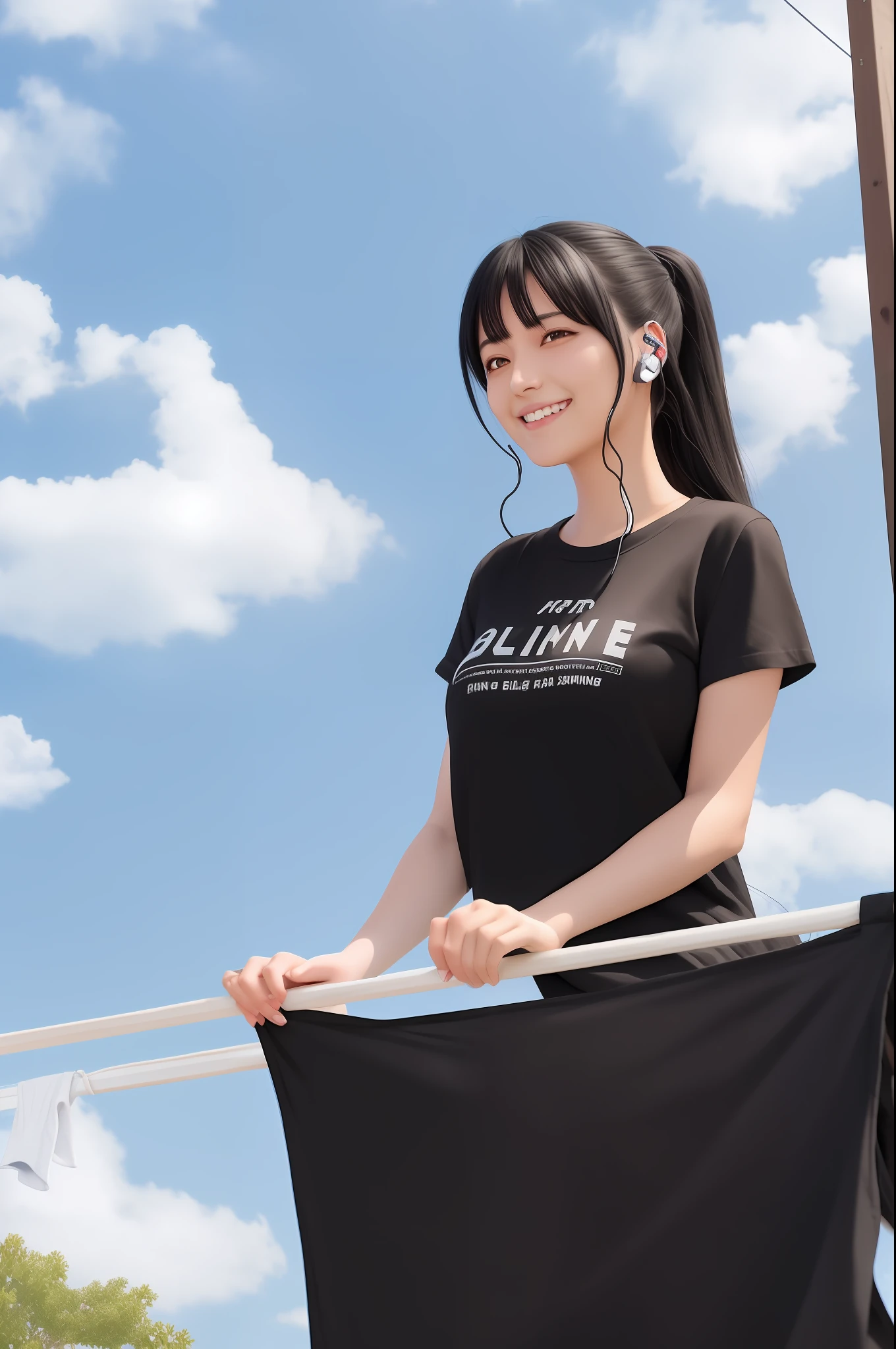 (anime illustration, high quality) smiling woman with black hair, brown eyes, black tshirt, 2 7 years old woman, 27 years old woman, talking on earphones, hanging clothes to dry on a clothesline, blue skies and white clouds in the background.