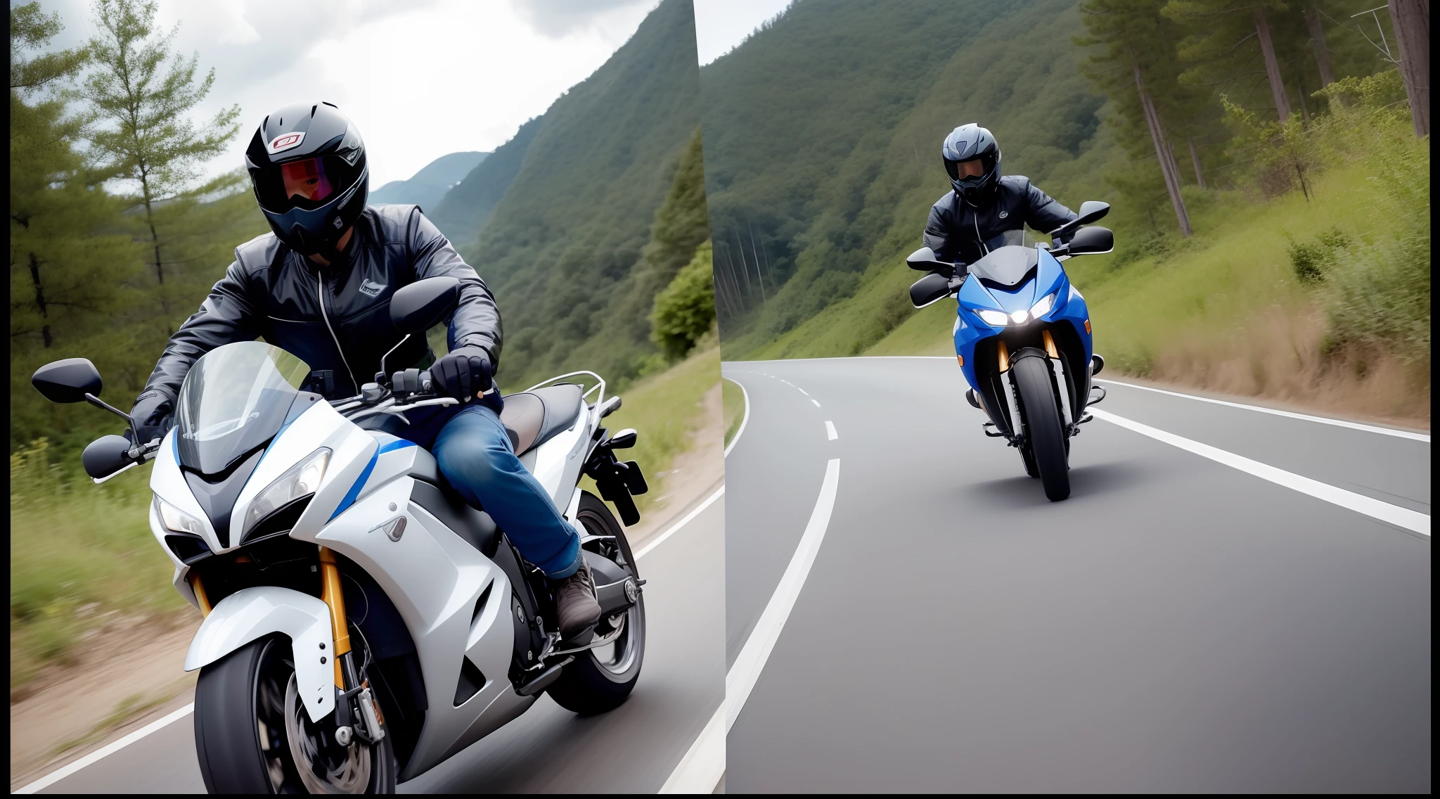 [Illustration storyboard] comic page, there are multiple images on one page: a Chinese man riding a motorcycle, driving on a road in the mountains and forests (back, third view), (GoPro, f/2.8, motion blur, diffuse backlight). [Multi-angle continuous shooting] in Nicolas Bouvier's style, cobalt blue and reflective silver, motion picture film P30, split composition