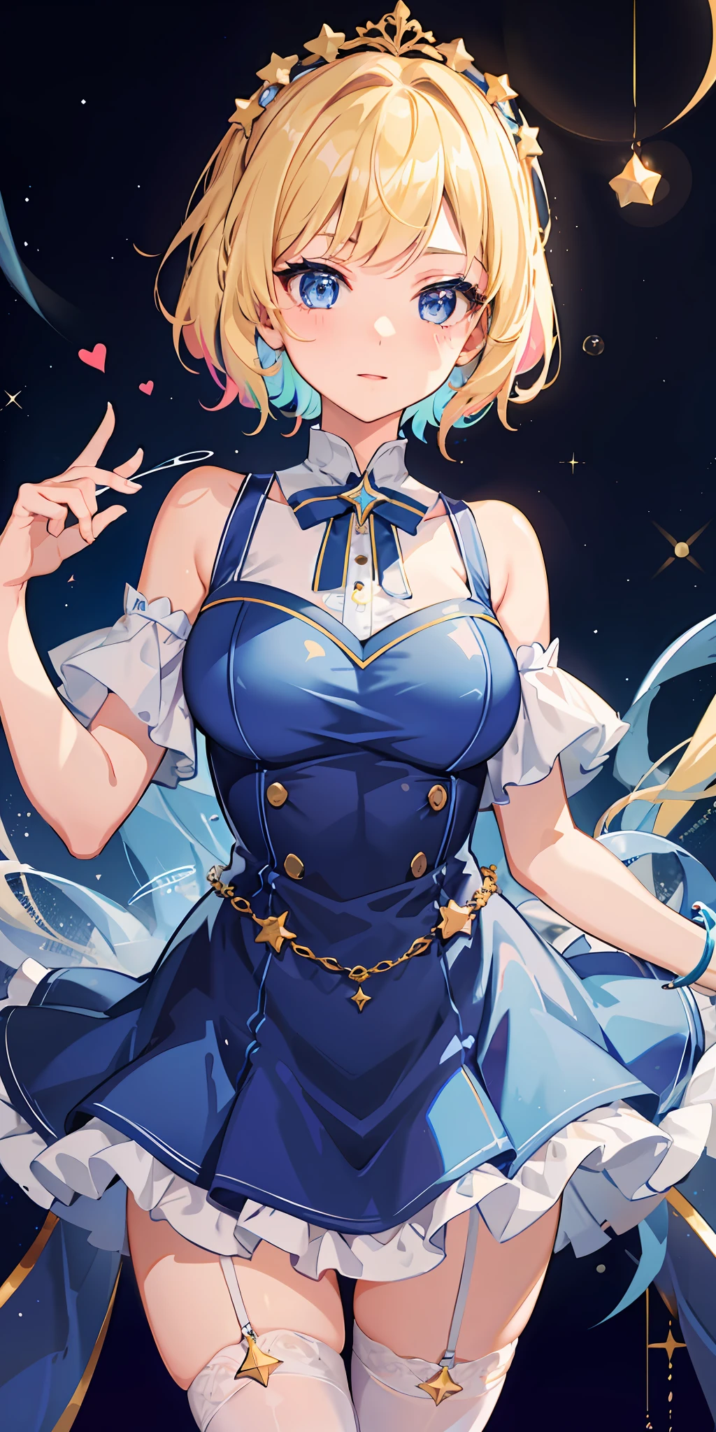 1girl, bright, blonde, light blue eyes, heart motif, star, moon, short hair, uniform bangs, multicolored hair, princess, saleme, side light, light particles, wallpaper, big, plump, idol, idol costume, cute costume, fabulous outfit, dress, swimsuit, loose, smiley, gentle, clear, loli, sexy