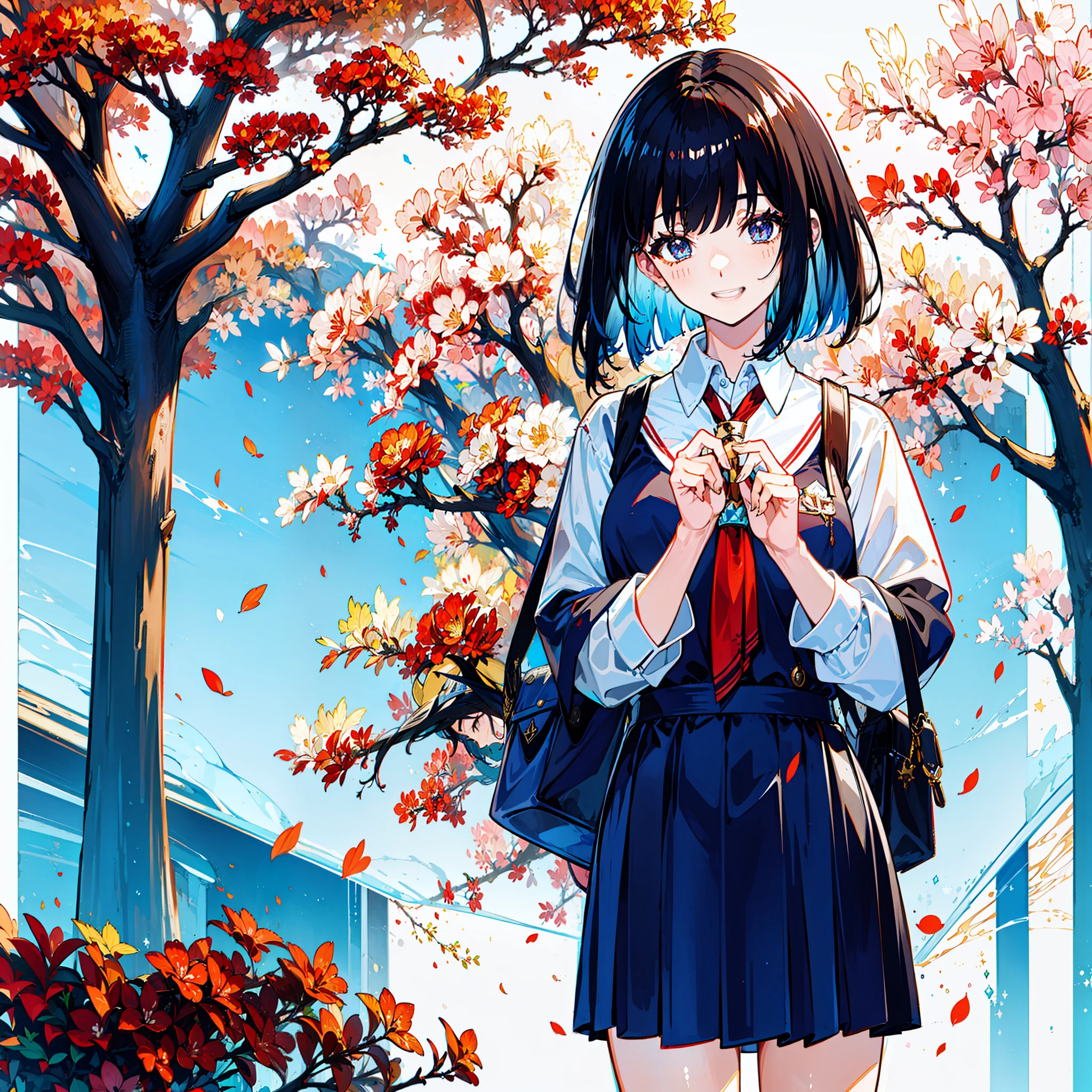 woman, high school student, school uniform, black hair, short bob, gray large sweater, under the cherry blossoms, laughing, stylish,