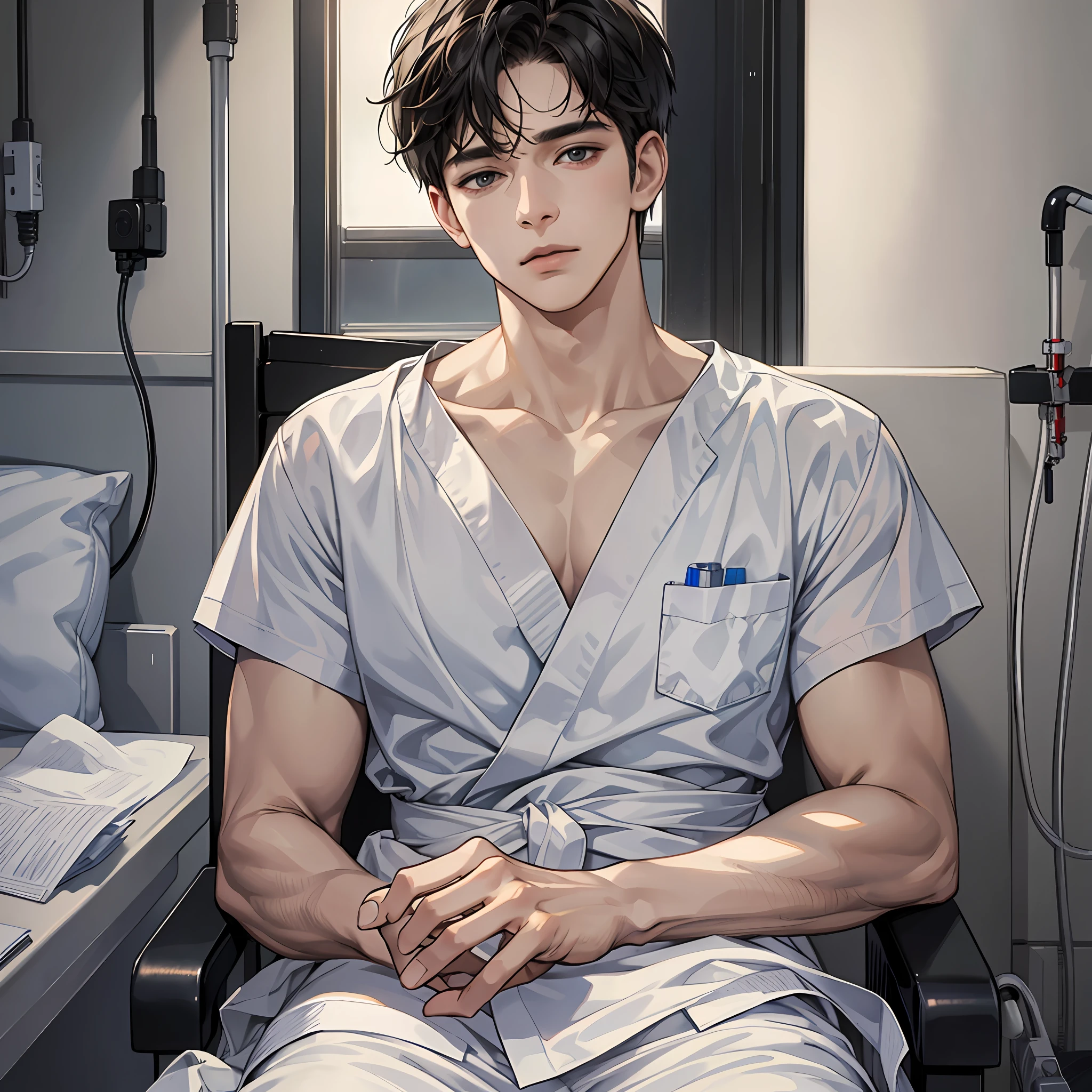 Masterpiece, high quality, best quality, HD, realistic, perfect lighting, a man, detailed face, short black hair, white patient gown, expression painful, sitting on a hospital bed, looking at the camera, far view