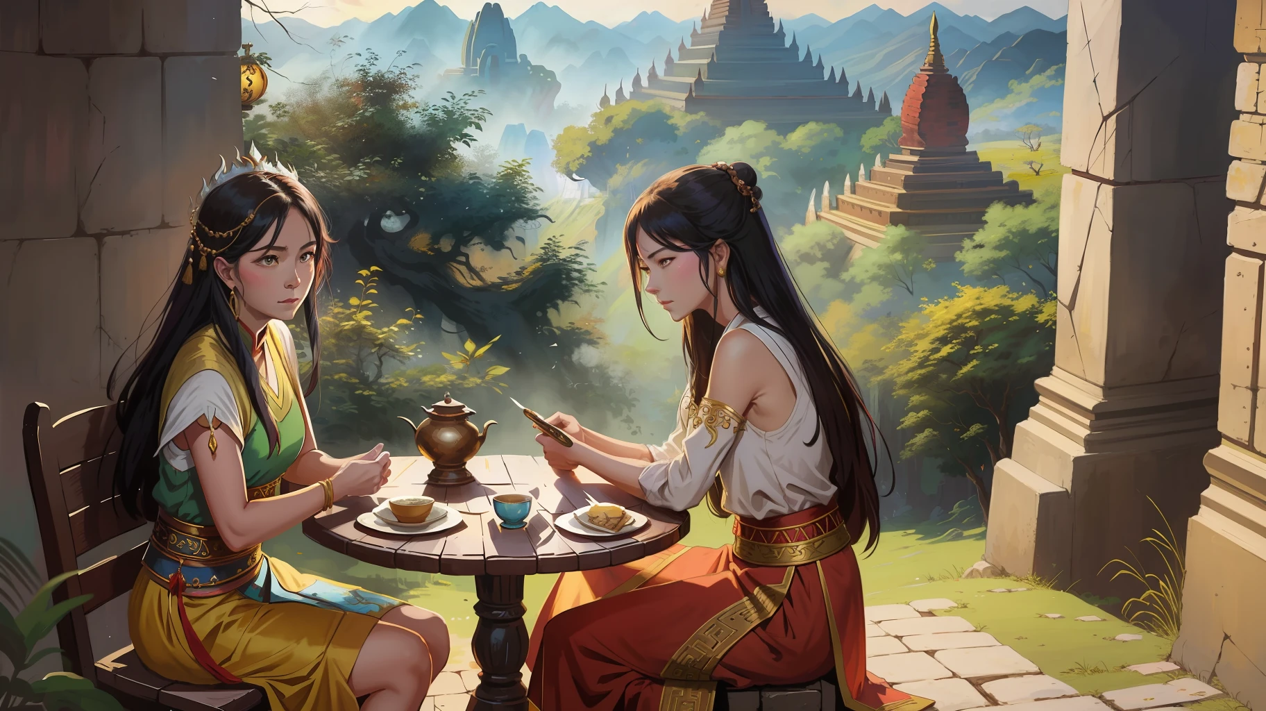 ancient bURMESEmythology, traditional style, greg rutkowski, bashful queen, isekai fantasy, wuxia genre, sitting at a table, (highly stylized artstyle), landscape, pagodas, Bagan, Myanmar