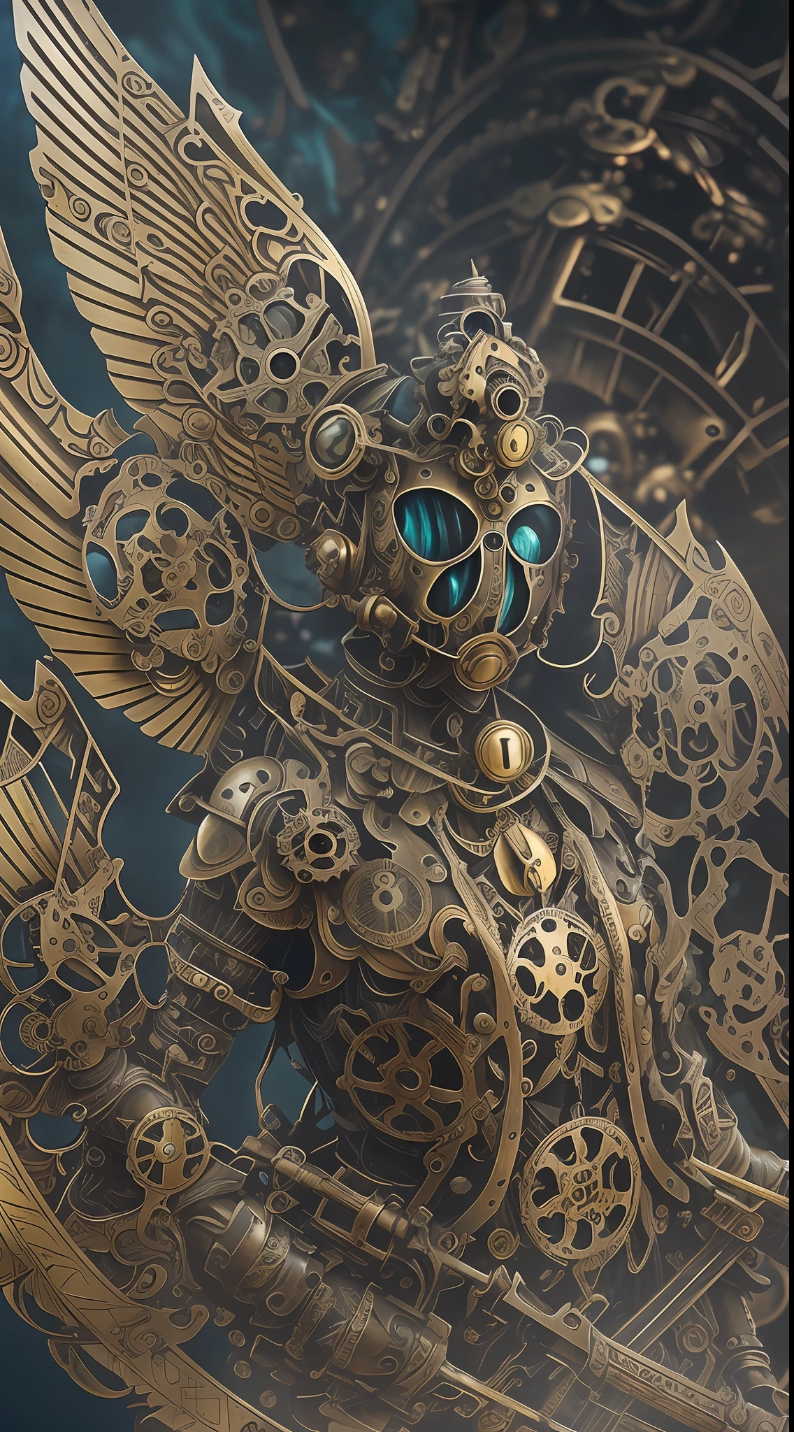 Steampunk-style female mech warrior in Victorian attire, mixed with intricate mechanical components, holding a (gigantic gear-inspired weapon:1.3), (vivid details:1.4), (dramatic lighting:1.2), ('aged bronze and brass colors':1.5), mechanical wings unfolding behind her, steam clouds emerging from various parts of the armor, inspired by Brian Kesinger, Luis Royo, and James Ng --auto --s2