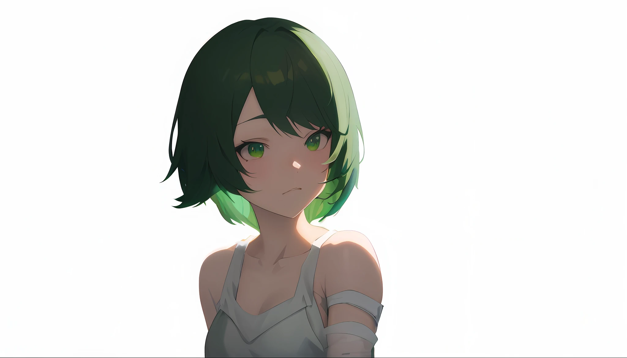 Anime girl with green hair and green eyes in a white tank top, made with Anime Painter Studio, 3D anime style, painted in Anime Painter Studio, anime style. 8K, April render, anime-style flat shading, with short hair, tatsumaki, realistic 3D style anime, soft CG art anime, stylized anime, anime. Soft lighting, cat ears --auto --s2