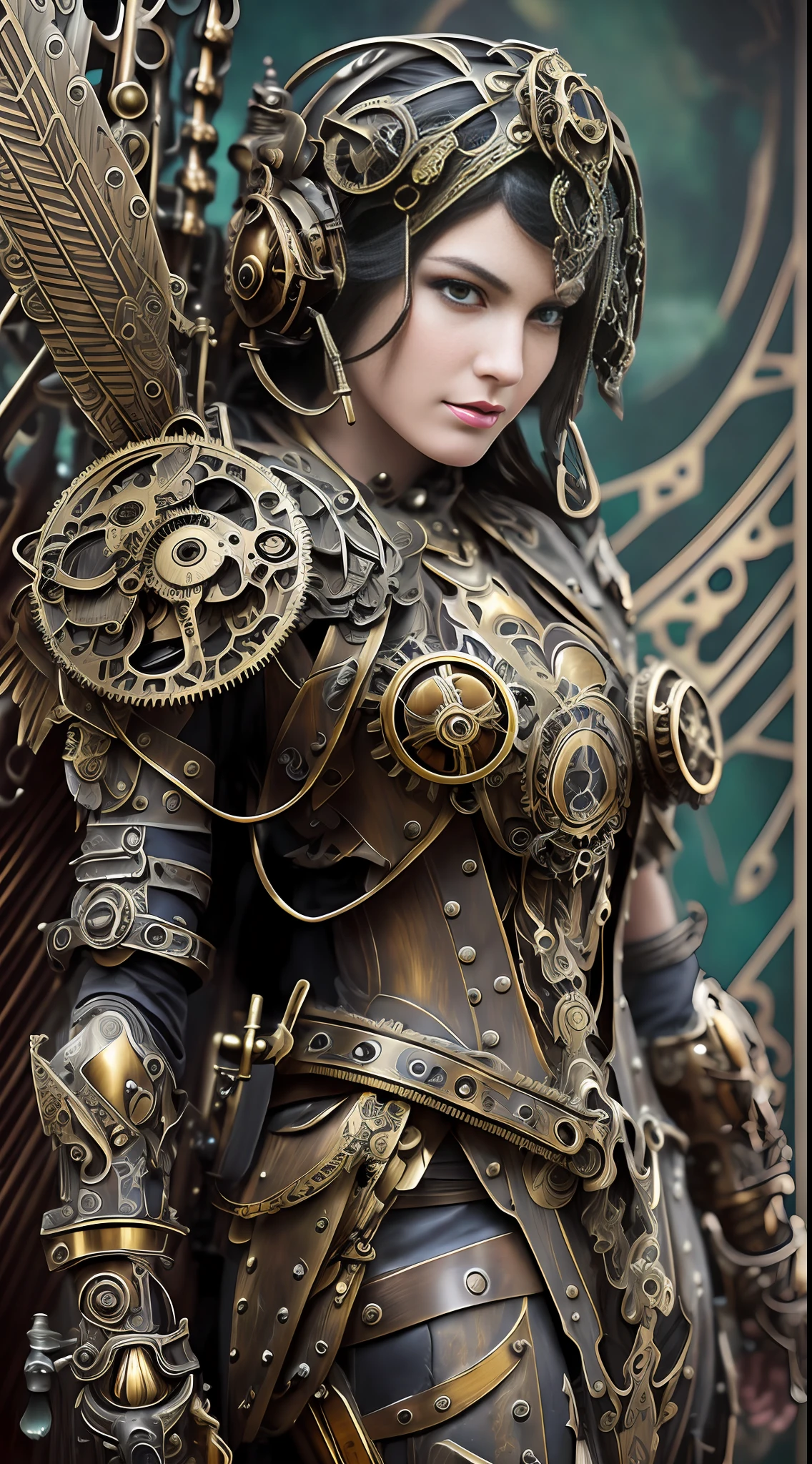 Steampunk-style female mech warrior in Victorian attire, mixed with intricate mechanical components, holding a (gigantic gear-inspired weapon:1.3), (vivid details:1.4), (dramatic lighting:1.2), ('aged bronze and brass colors':1.5), mechanical wings unfolding behind her, steam clouds emerging from various parts of the armor, inspired by Brian Kesinger, Luis Royo, and James Ng --auto --s2