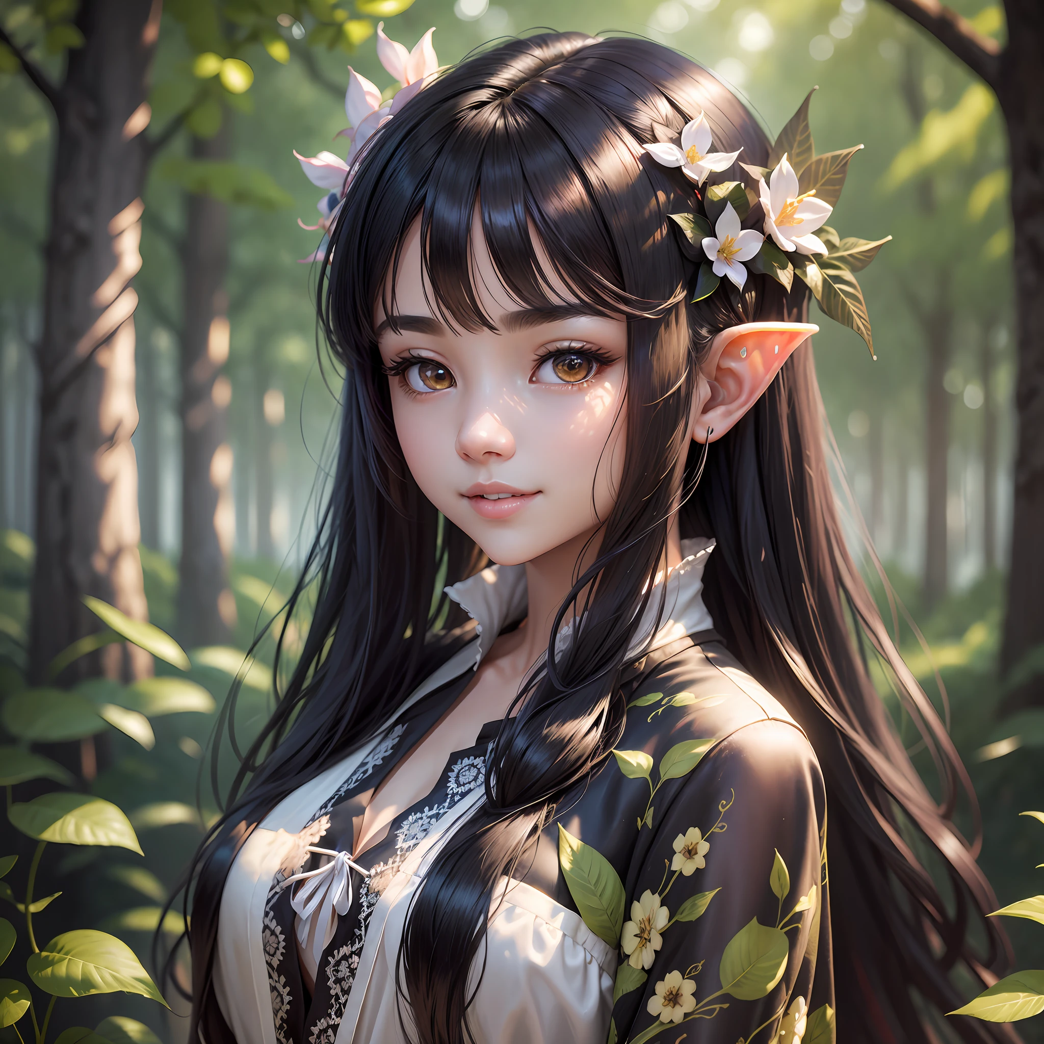 A Masterpiece, (Real:1.3), Bust Shot, Cinematic Lighting, Very detail, Sharp Focus, Very detail, a Hyper Realistic, and depth of field, Global Illumination, Volumetric Lighting, Subsurface Scattering, Caustics, Bloom, [Reflection], [Shadow], In the forest (mysterious fountain: 1.05), small pointy ears, white clouds, rainbow, very long black hair, brown eyes, silk, (lace: 1.1), transparent, fantasy landscape, teenage elf girl wearing shiny black silk lace kimono, with a kind smile, black hair, bokeh , BEST QUALITY, BEST QUALITY --auto --s2