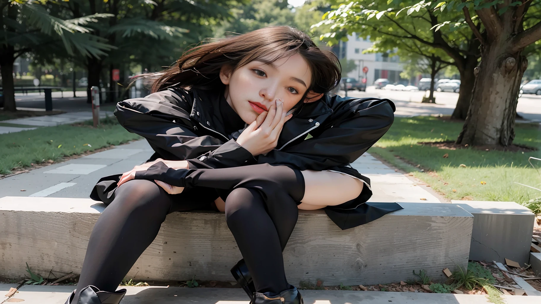 Best quality, full body portrait, delicate face, pretty face, 25 year old woman, slim figure, small bust, OL uniform, office clothes, black stockings, outdoor scene, sitting position