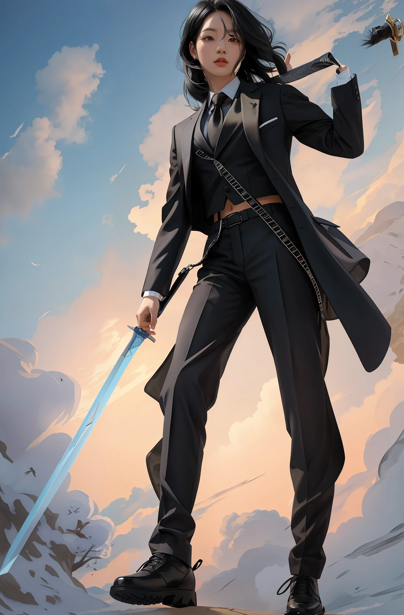 Black hair, wind, black suit, killer
