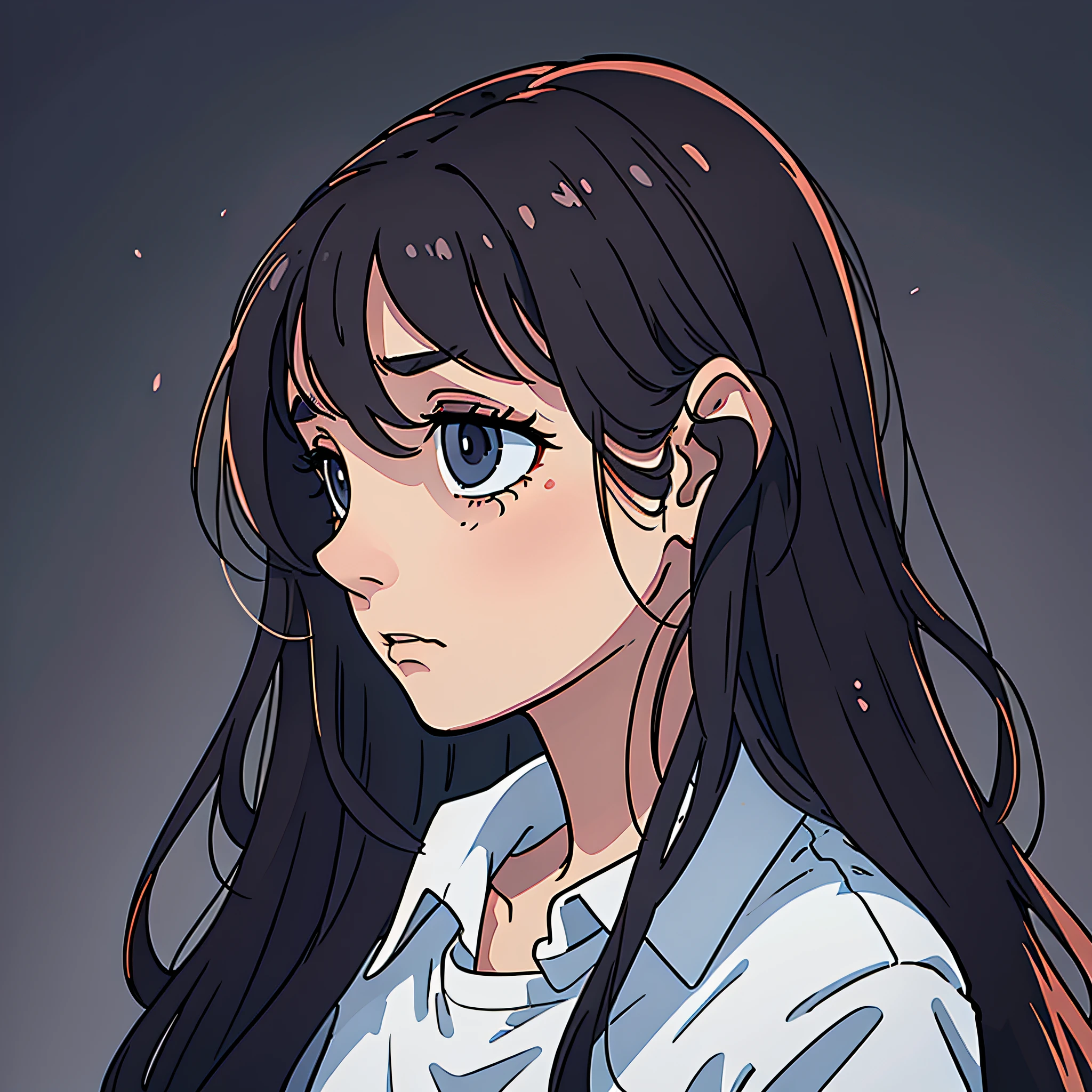 Beautiful girl, very detailed, clean, high quality, clear image, sad, depressed, cold color, long hair, dark color, white shirt, flat chest, close-up, profile picture, despair, doom, sad atmosphere, simple background, good lighting, high quality